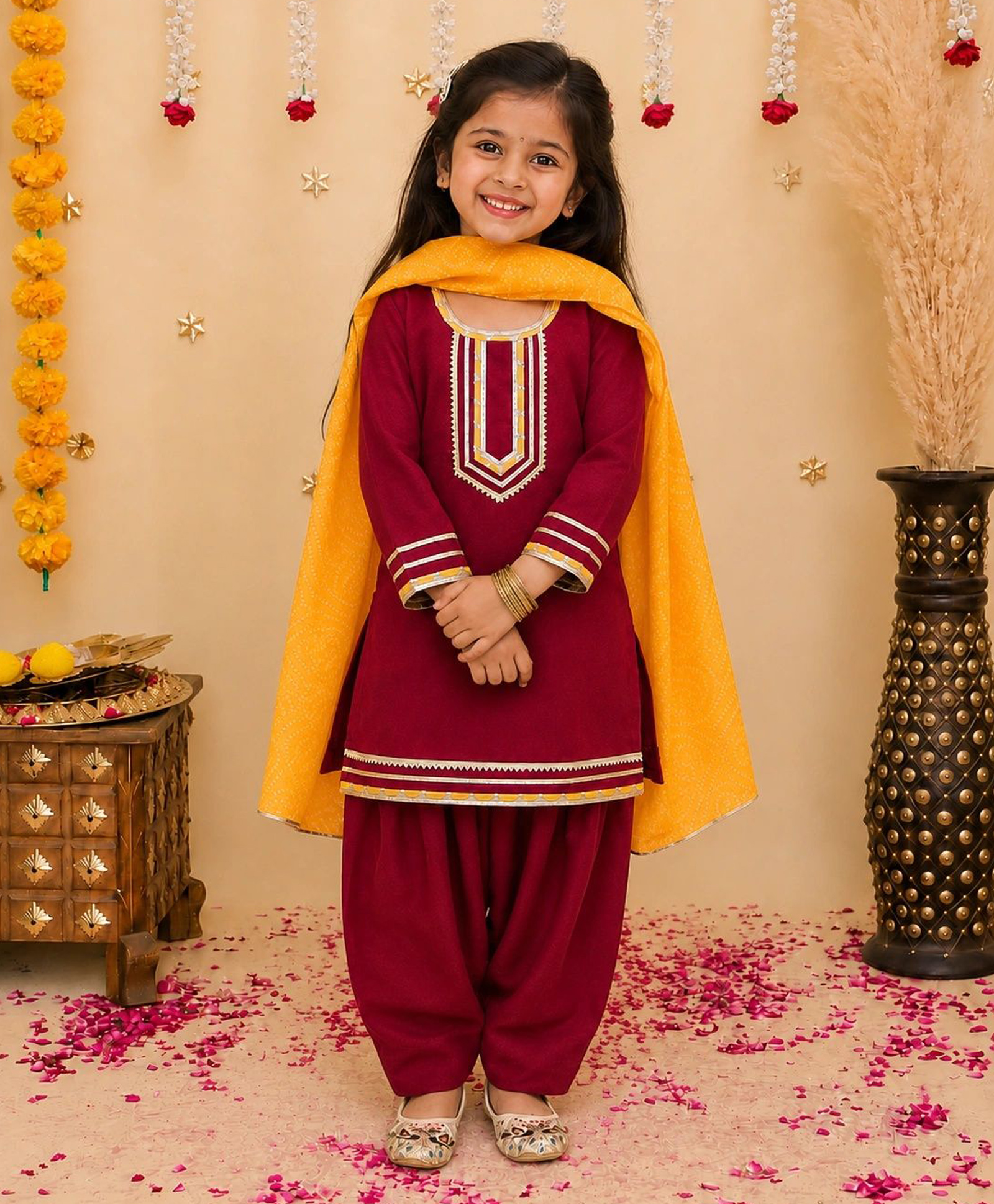 BownBee Silk Woven Three Fourth Sleeves Lace Embellished Kurti & Salwar With Dupatta Set - Red-image-25
