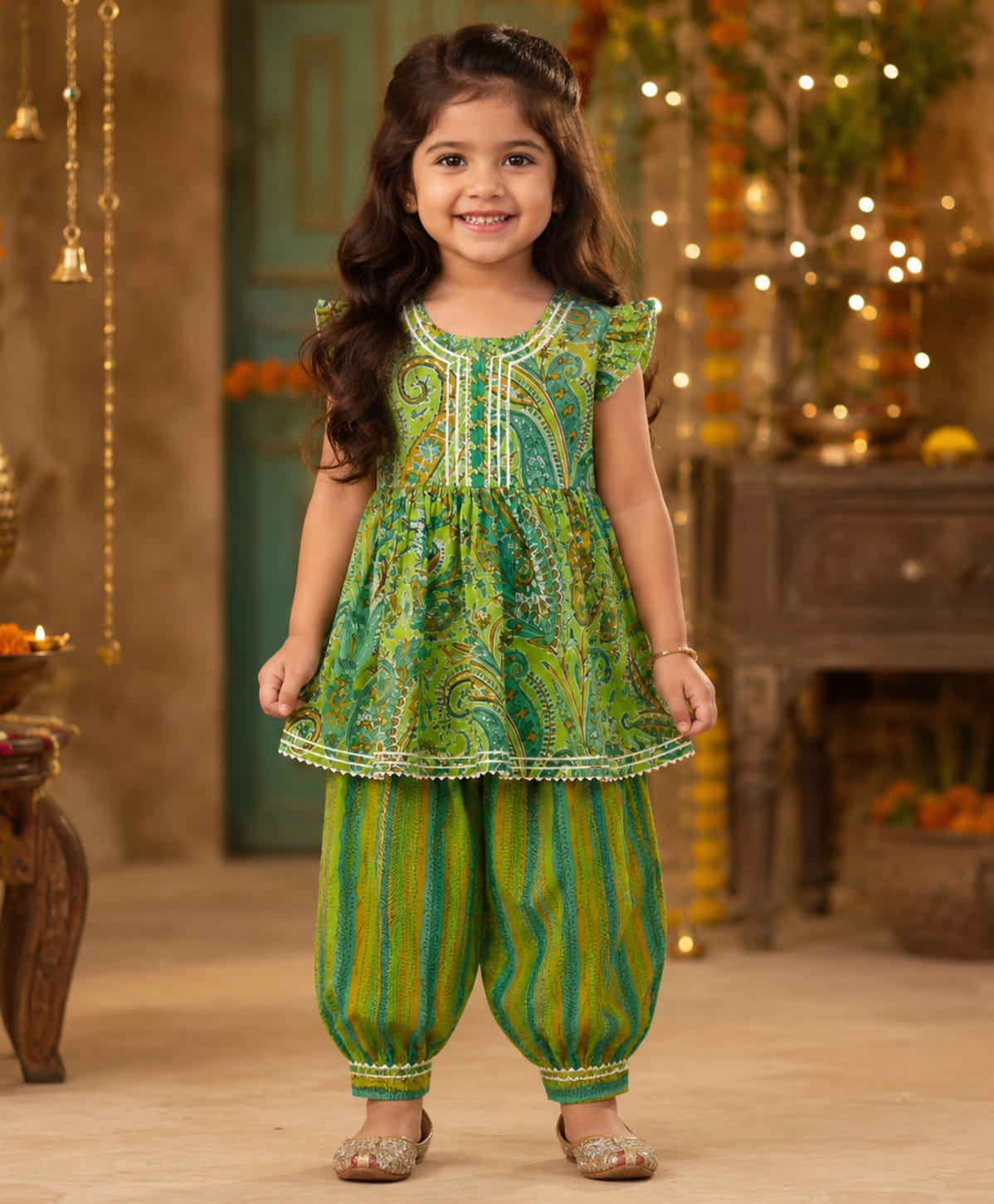 The Magic Wand Cambric Woven Frill Sleeves Paisley Printed & Lace Embellished Kurti & Afghani Pants Set - Green-image-7
