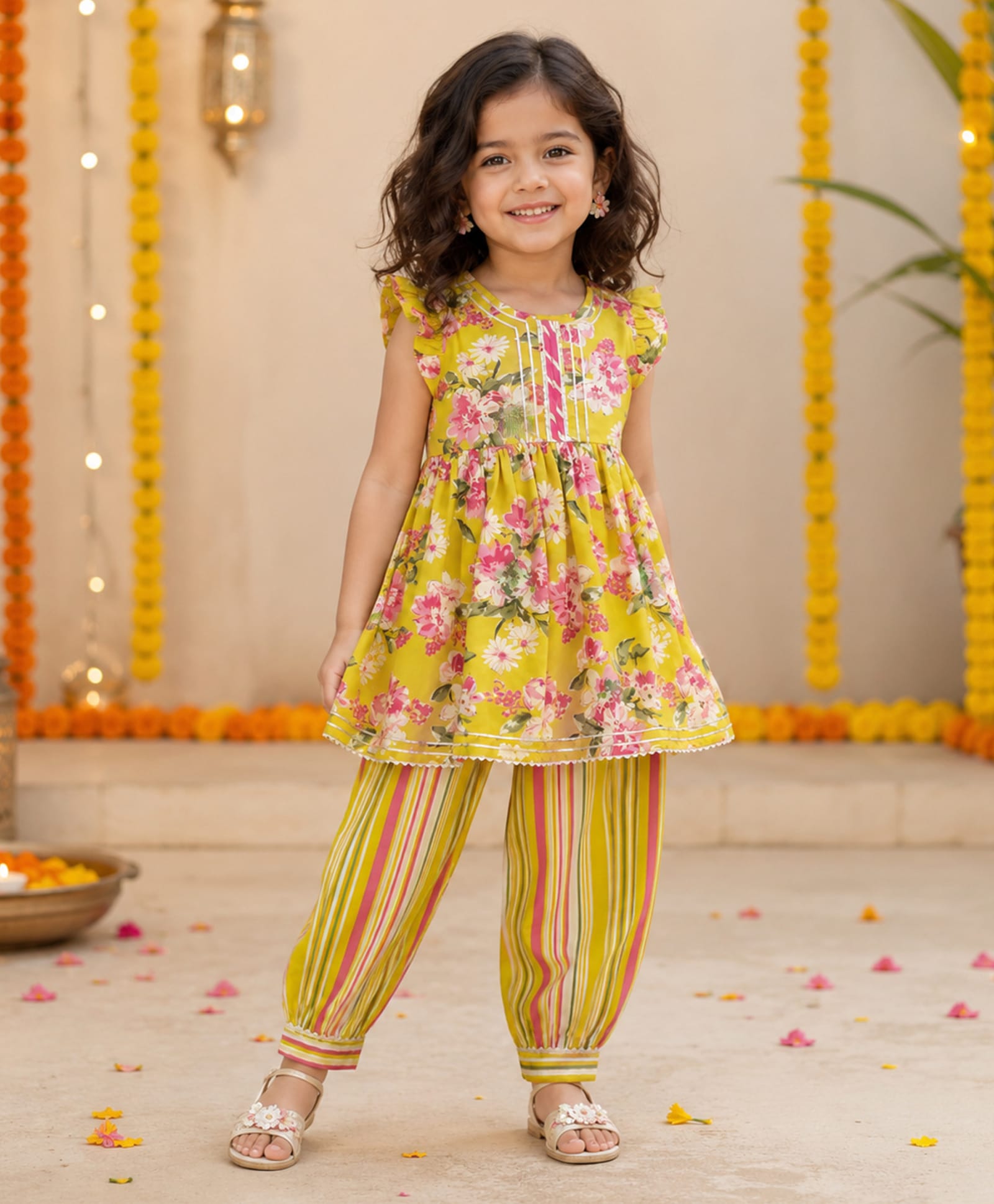 The Magic Wand Cambric Woven Frill Sleeves Floral Printed & Lace Embellished Kurti & Afghani Pant Set - Yellow-picture-10