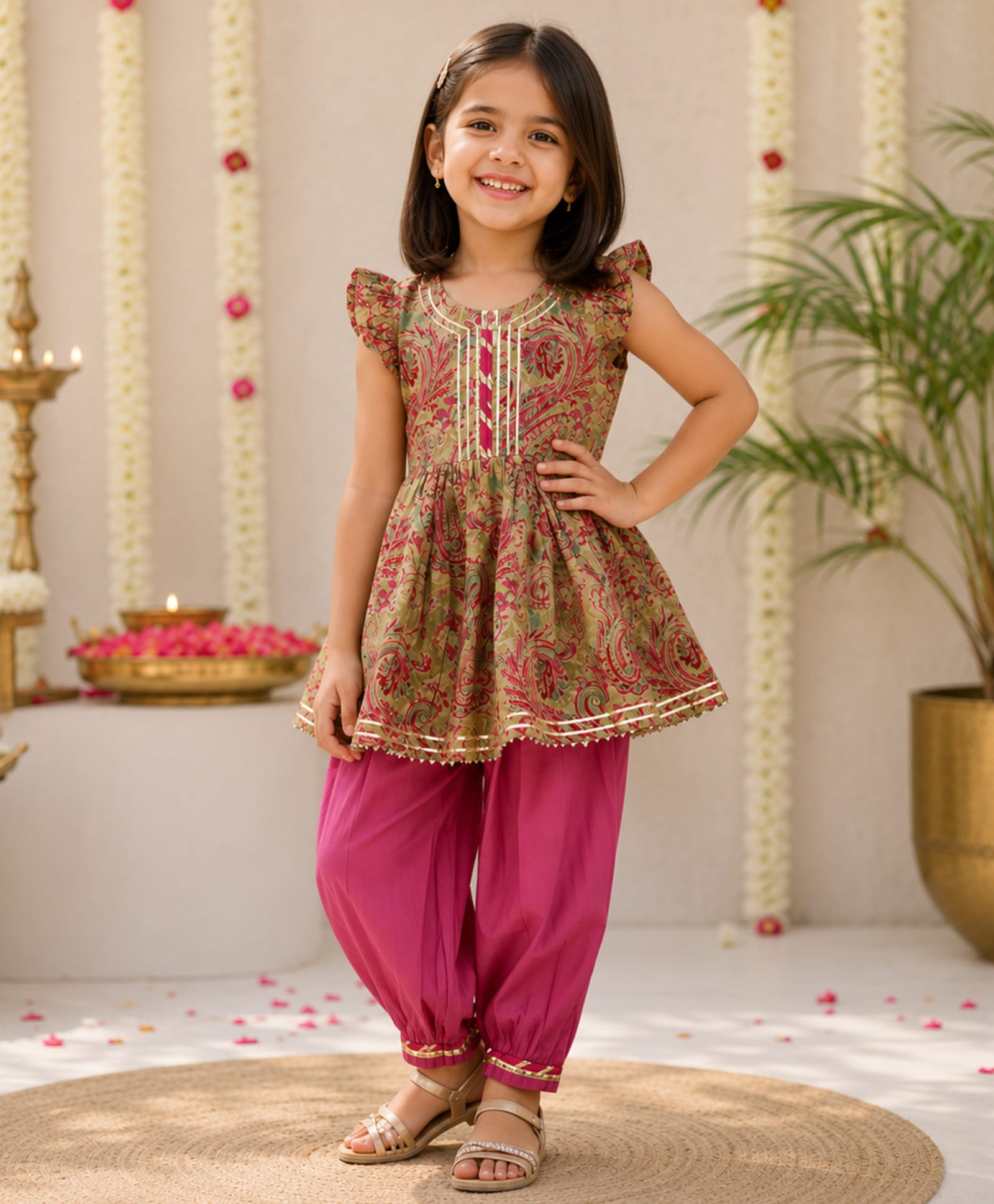 The Magic Wand Cambric Woven Frill Sleeves Paisley Printed & Lace Embellished Kurit & Afghani Pant Set - Pink-picture-0