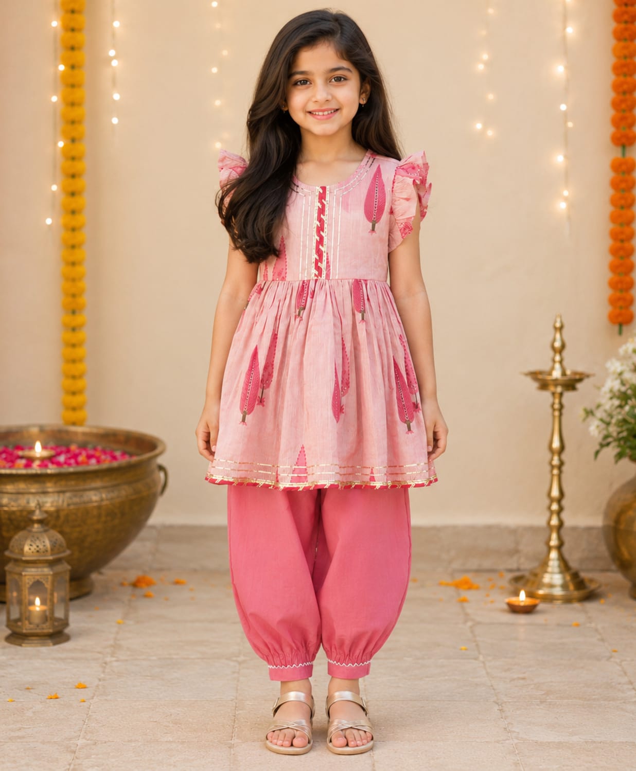 The Magic Wand Cambric Woven Frill Sleeves Buta Printed & Lace Embellished Kurti Pant Set - Pink-picture-1