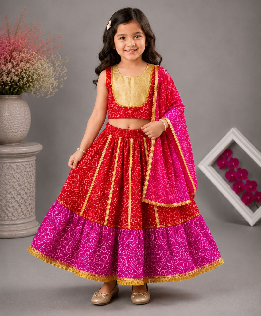 TINY MINY MEE Cotton Rayon Woven Sleeveless Bandhani Printed Lehenga & Choli Set - Multi Colour-image-43