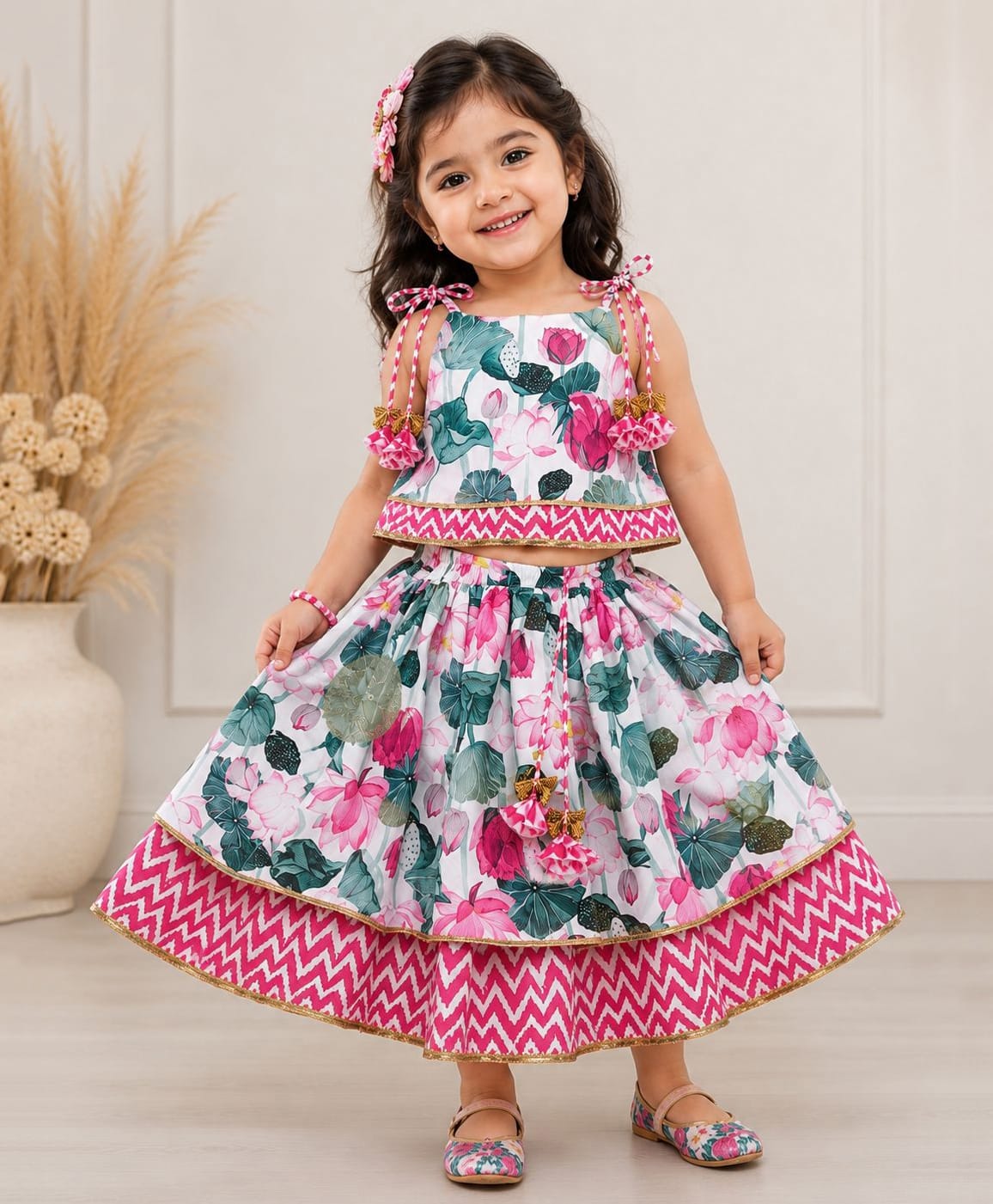TINY MINY MEE Cotton Rayon Woven Sleeveless Floral Printed Lace Embellished Lehenga & Choli Set - Multi Colour-image-16