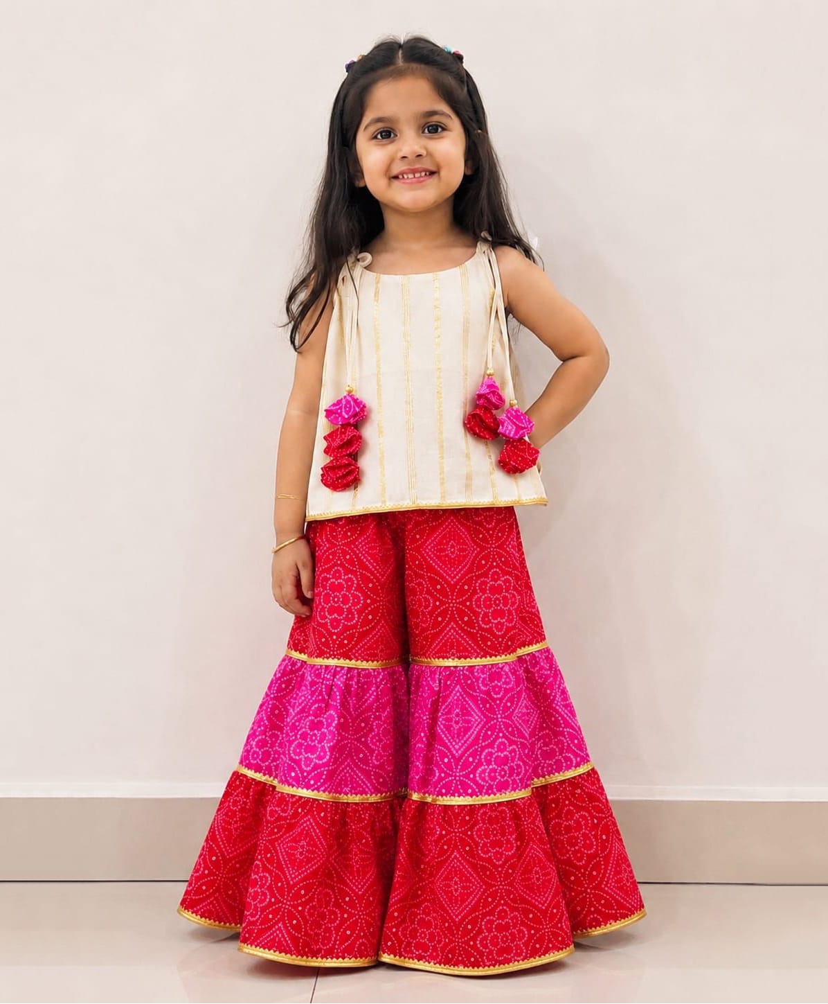 TINY MINY MEE Cotton Rayon Woven Sleeveless Foil Striped Top & Sharara Set - Multi Colour-image-28