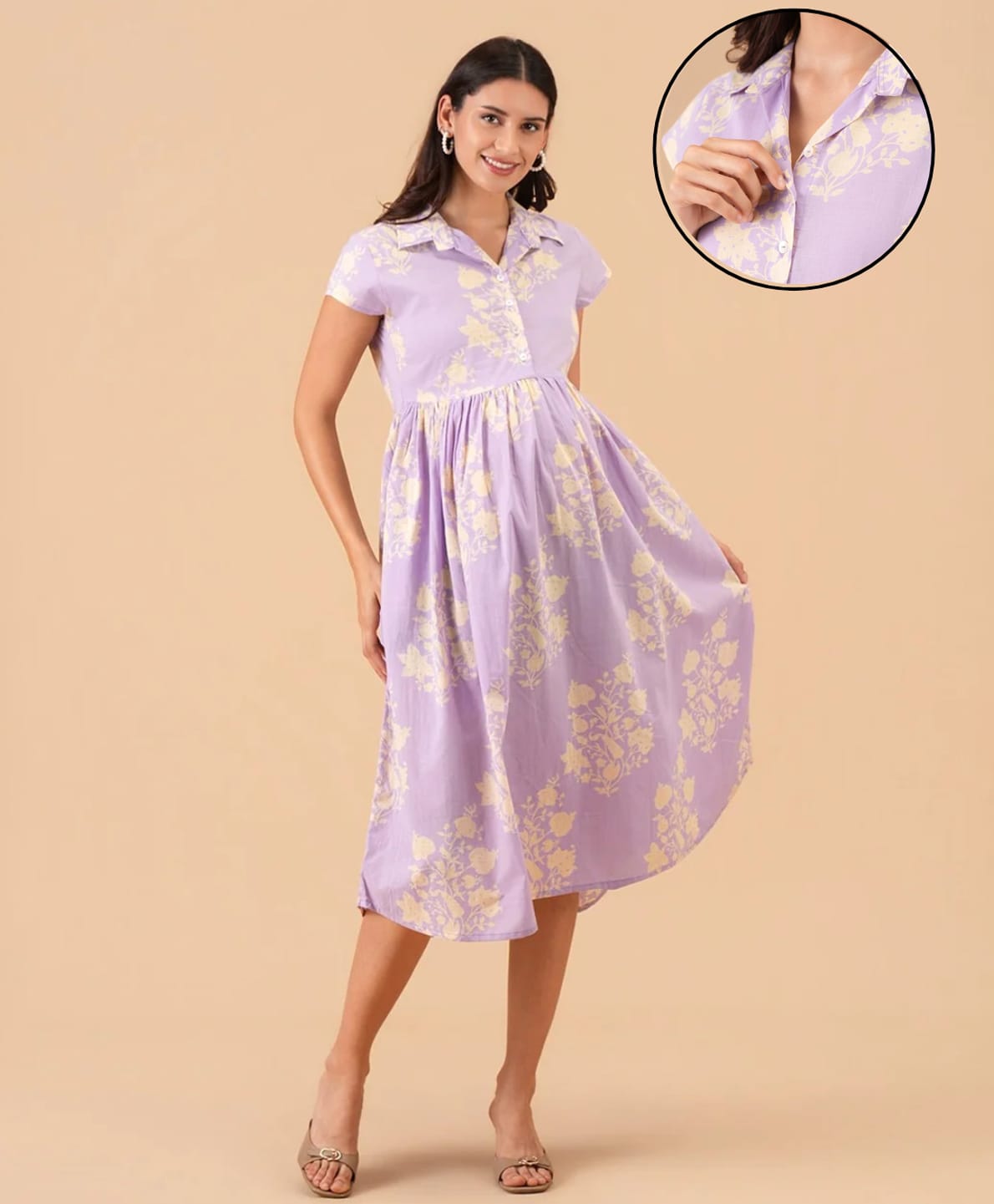 The Mom Store Cotton Woven Half Sleeves Floral Printed Maternity Dress With Front Open Nursing Access - Lavender-picture-6
