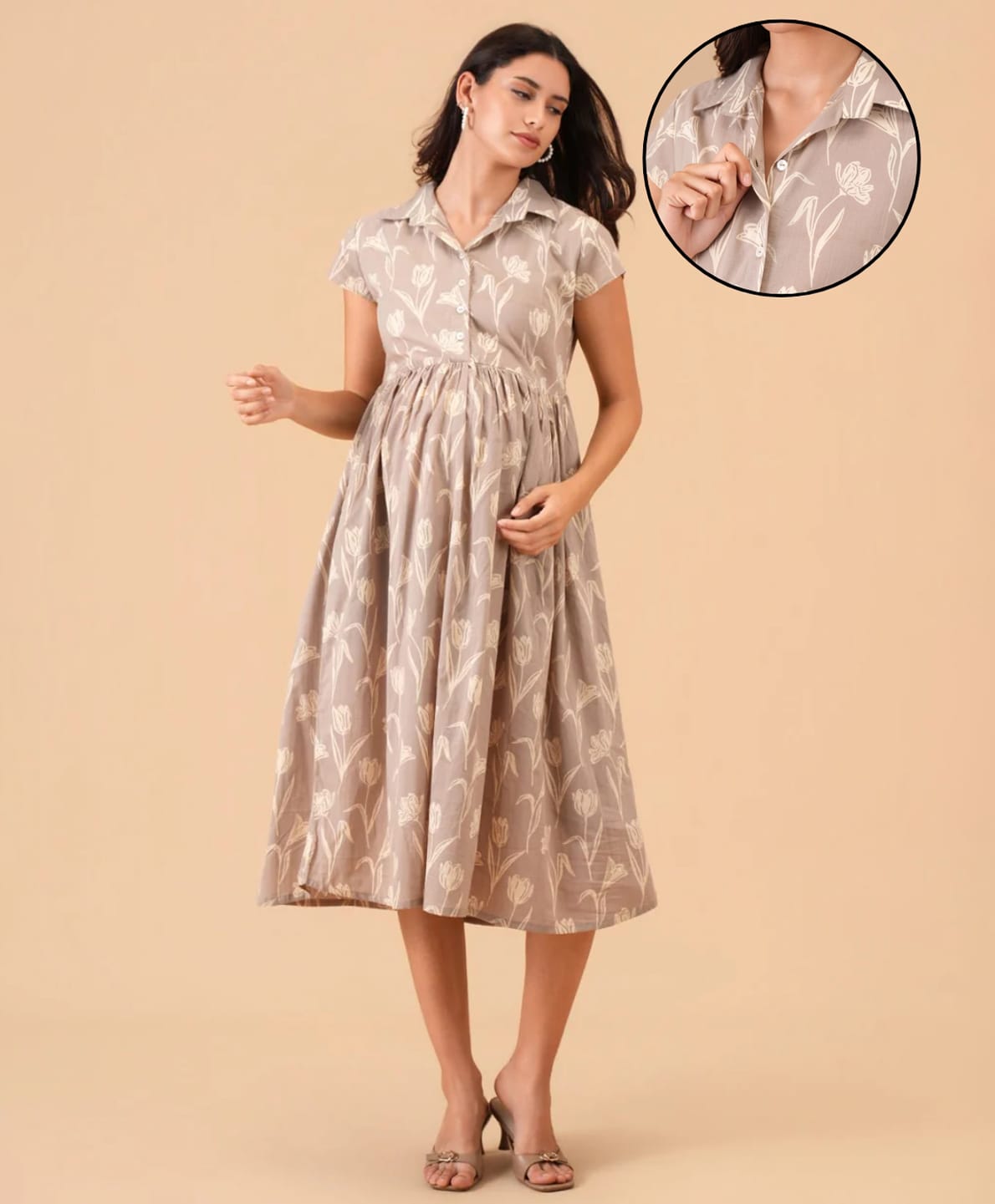 The Mom Store Cotton Woven Half Sleeves Floral Printed Maternity Dress With Front Open Nursing Access - Beige-picture-5
