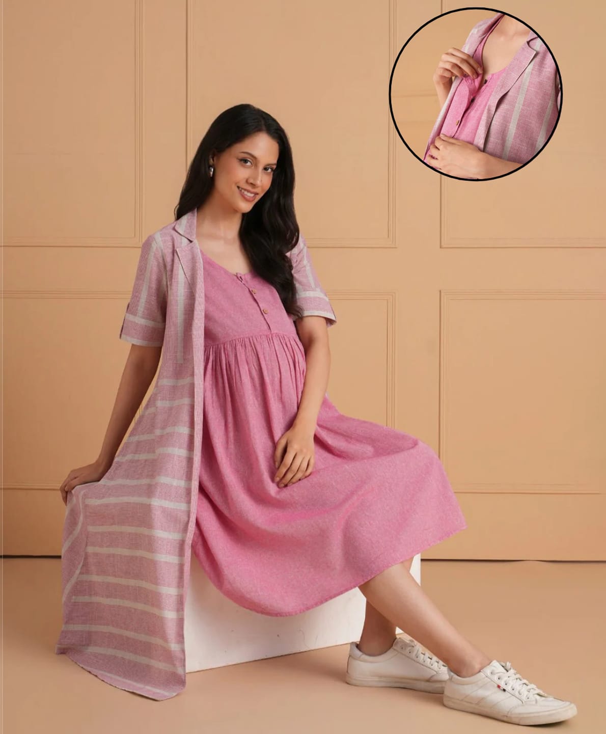 The Mom Store Cotton Woven Half Sleeves Striped Maternity Shacket Dress With Front Open Nursing Access - Pink