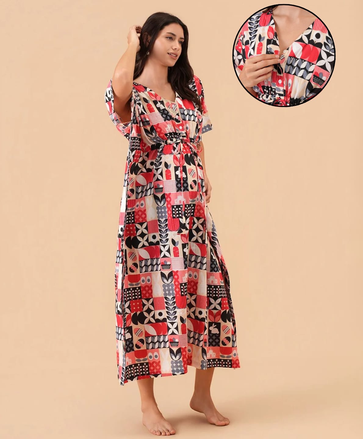 The Mom Store Cotton Woven Half Sleeves Floral Motifs Printed Maternity Kaftan Style Nighty With Front Open Nursing Access - Multi Colour-picture-1