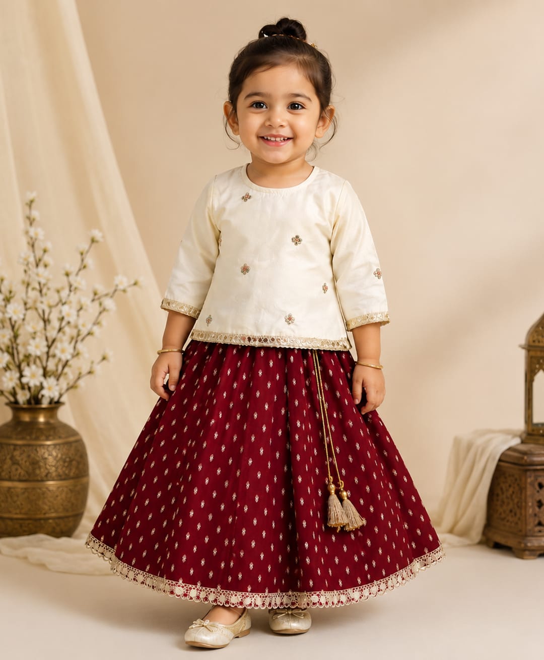 BAATCHEET Cotton Woven Three Fourth Sleeves Floral Embroidered & Lace Embellished Lehenga Choli Set - Red-image-10