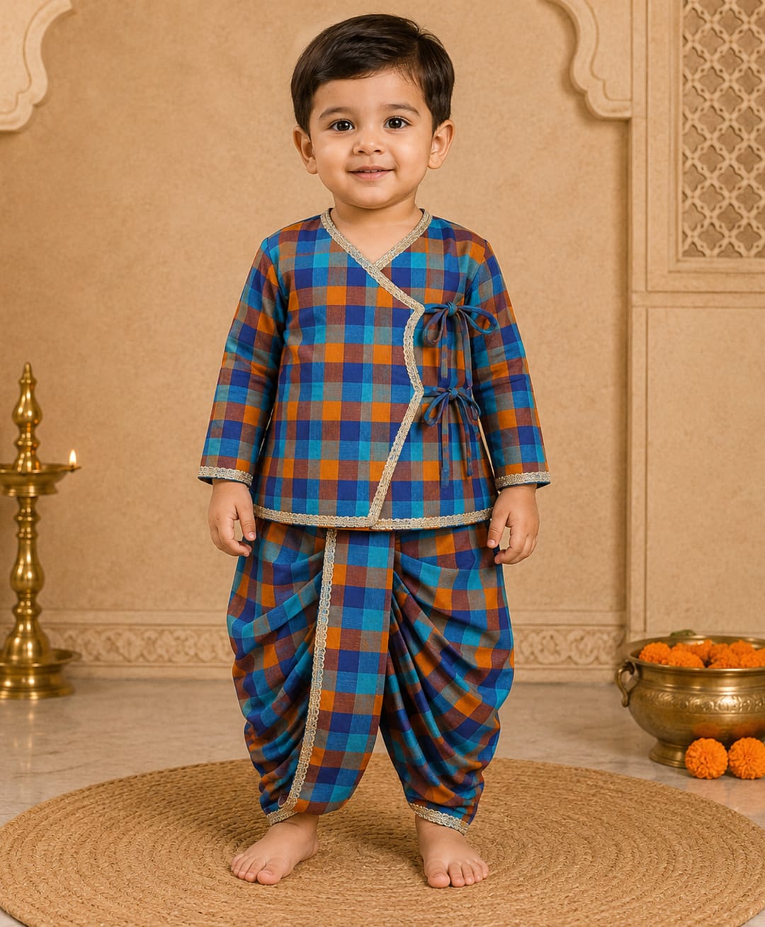 BAATCHEET Cotton Woven Full Sleeves Checked & Lace Embellished Angrakha Dhoti Set - Navy Blue-image-13