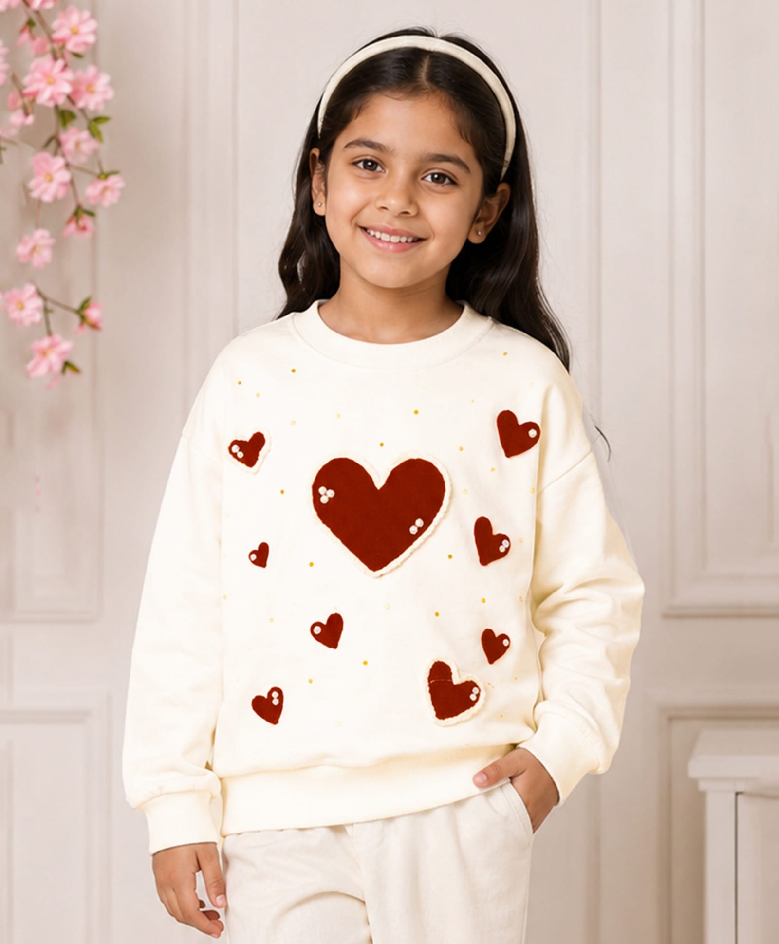 Kiddopanti Fleece Knit Full Sleeves Heart Patch Detailed & Pearl Embellished Light Winter Sweatshirt - Off White-image-37