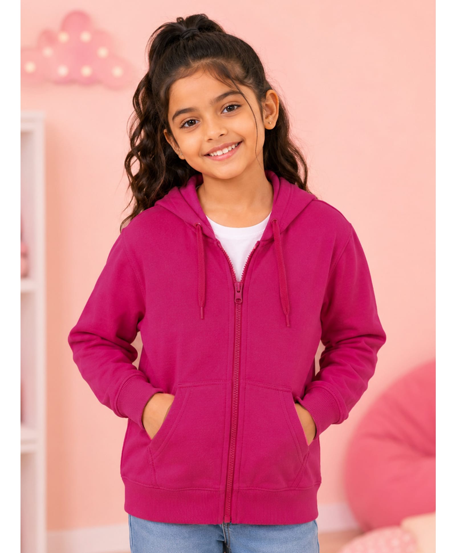 Kiddopanti Fleece Knit Full Sleeves Solid Light Winter Hooded Sweatjacket - Pink-picture-21