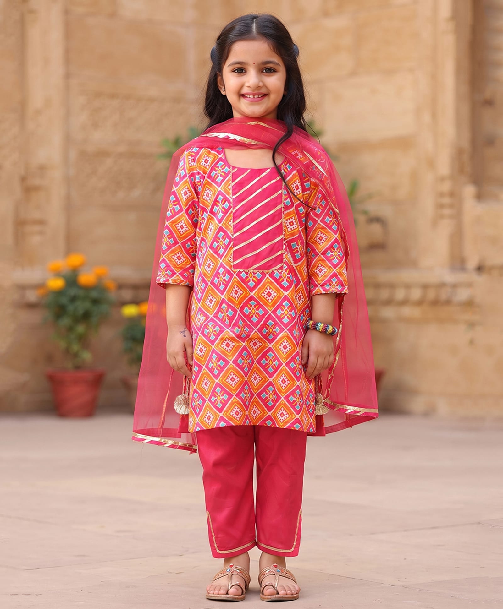 Kinder Kids Cotton Woven Three Fourth Sleeves Patola Printed Kurti & Pants With Dupatta Set - Red & Pink-image-48