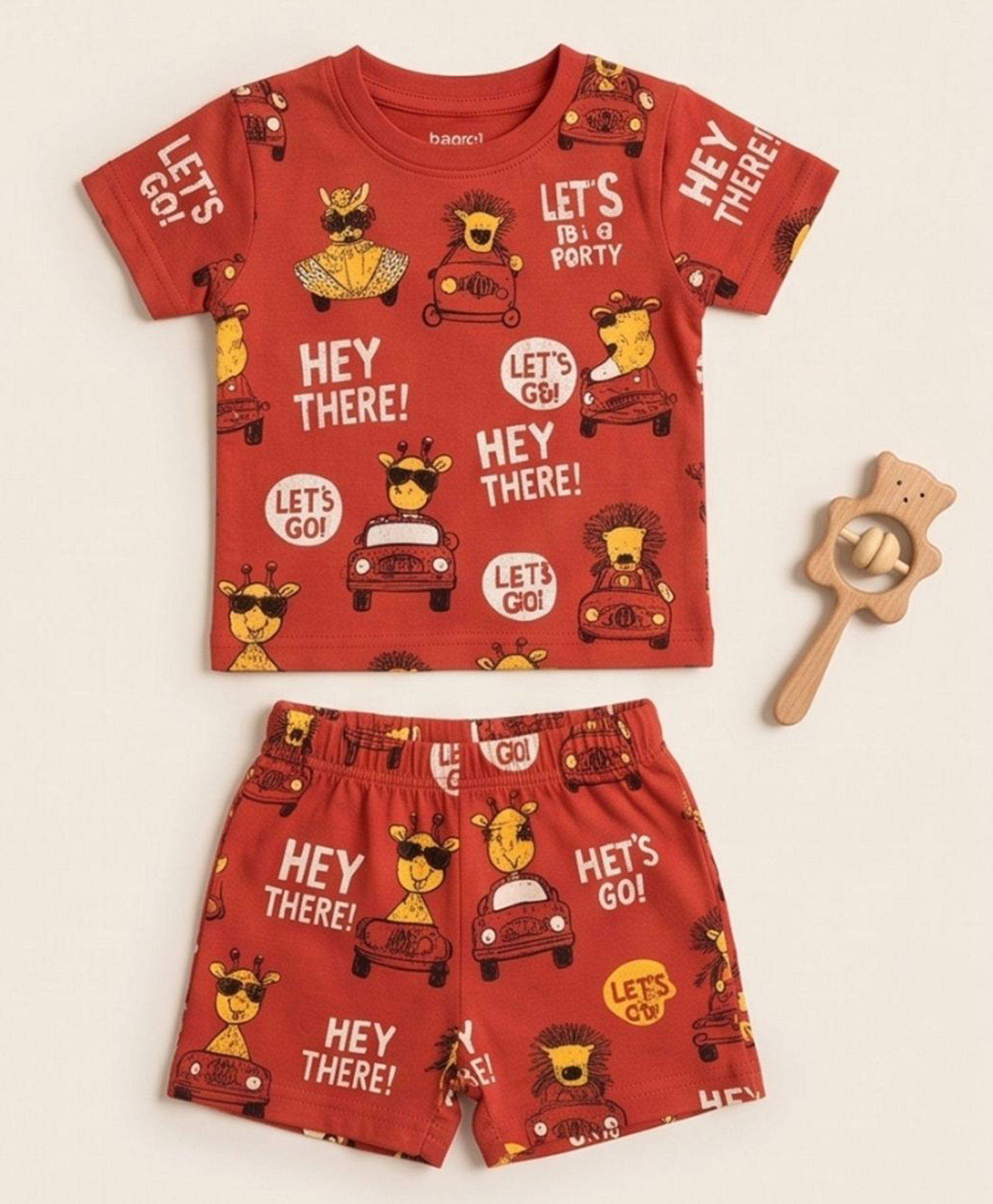 Tiny Hugs Cotton Knit Half Sleeves Animals & Car Printed Coordinating Tee & Shorts Set - Red-image-42