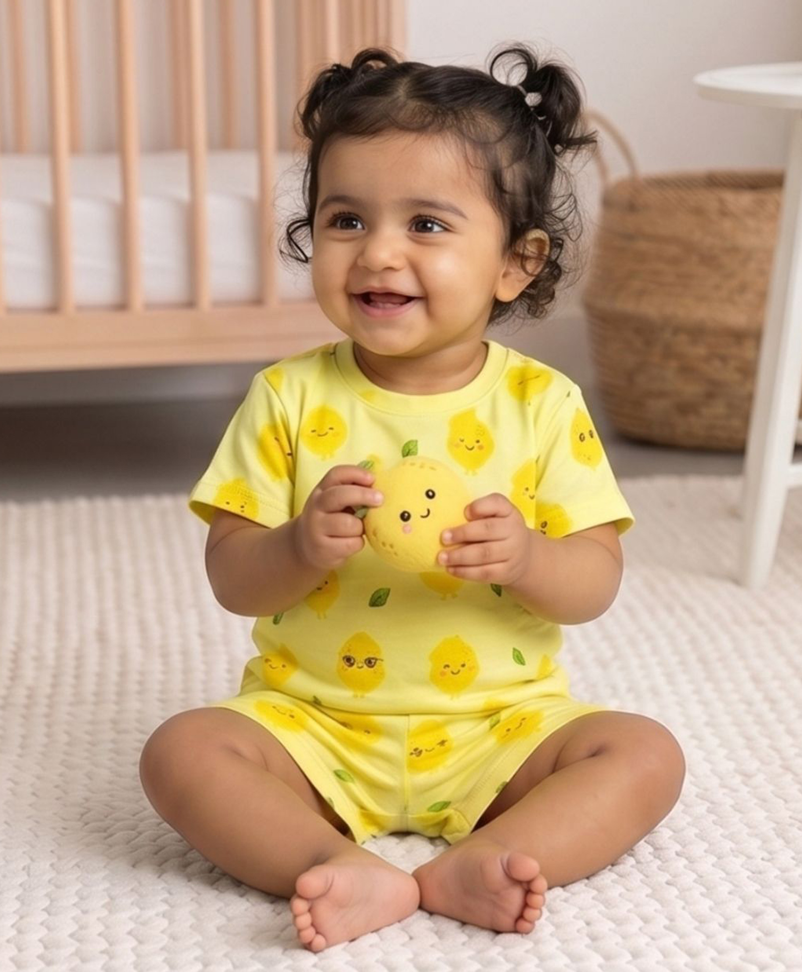 Tiny Hugs Cotton Knit Half Sleeves Lemons Printed Coordinating Tee & Shorts Set - Yellow-image-49