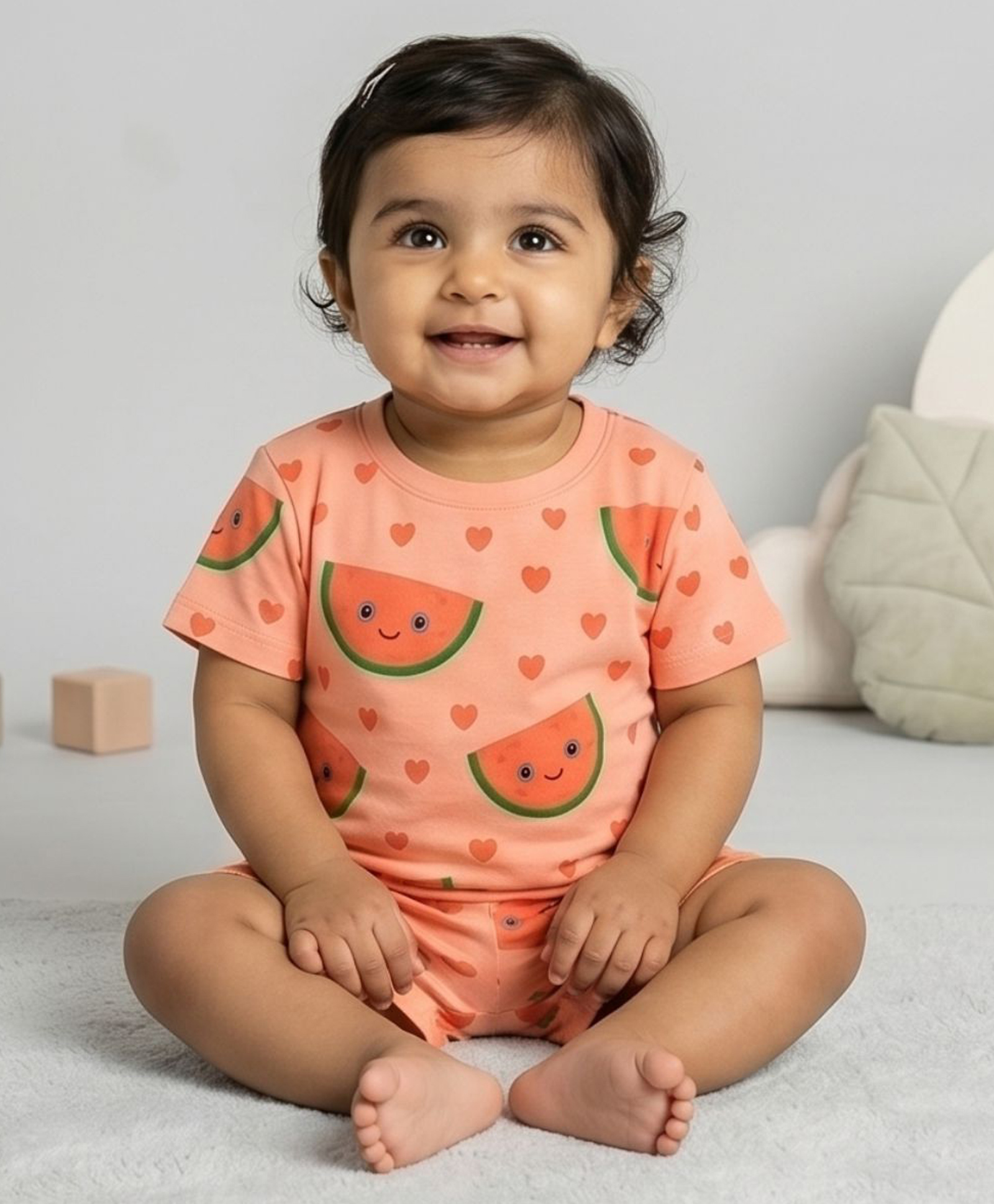 Tiny Hugs Cotton Knit Half Sleeves Watermelons Printed Coordinating Tee & Shorts Set - Peach-image-26