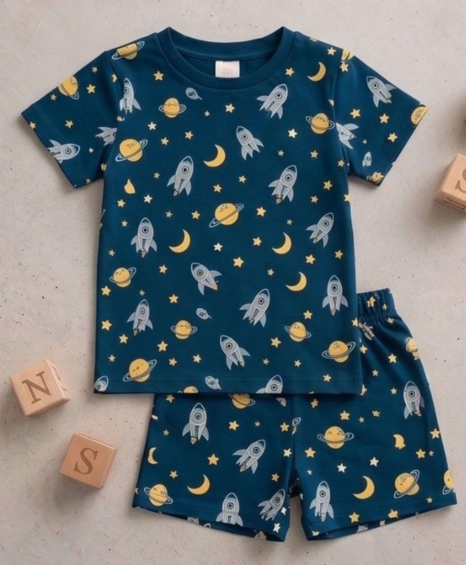 Tiny Hugs Cotton Knit Half Sleeves Space Theme Printed Coordinating Tee & Shorts Set - Navy Blue-image-33