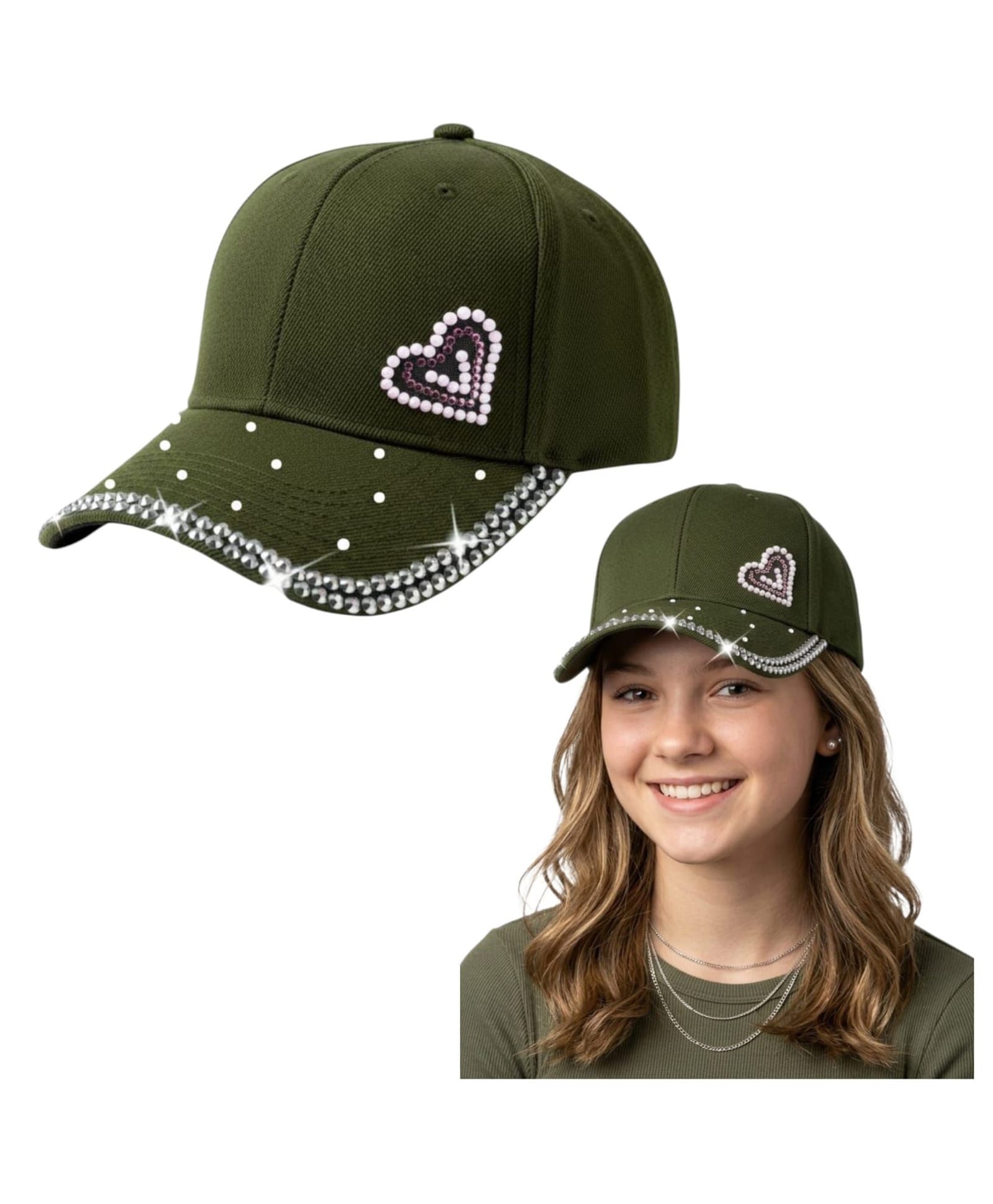 Trubliz Cotton Woven Heart Designed Rhinestones Embellished Baseball Cap - Green - Circumference 50-57 Cm-image-8