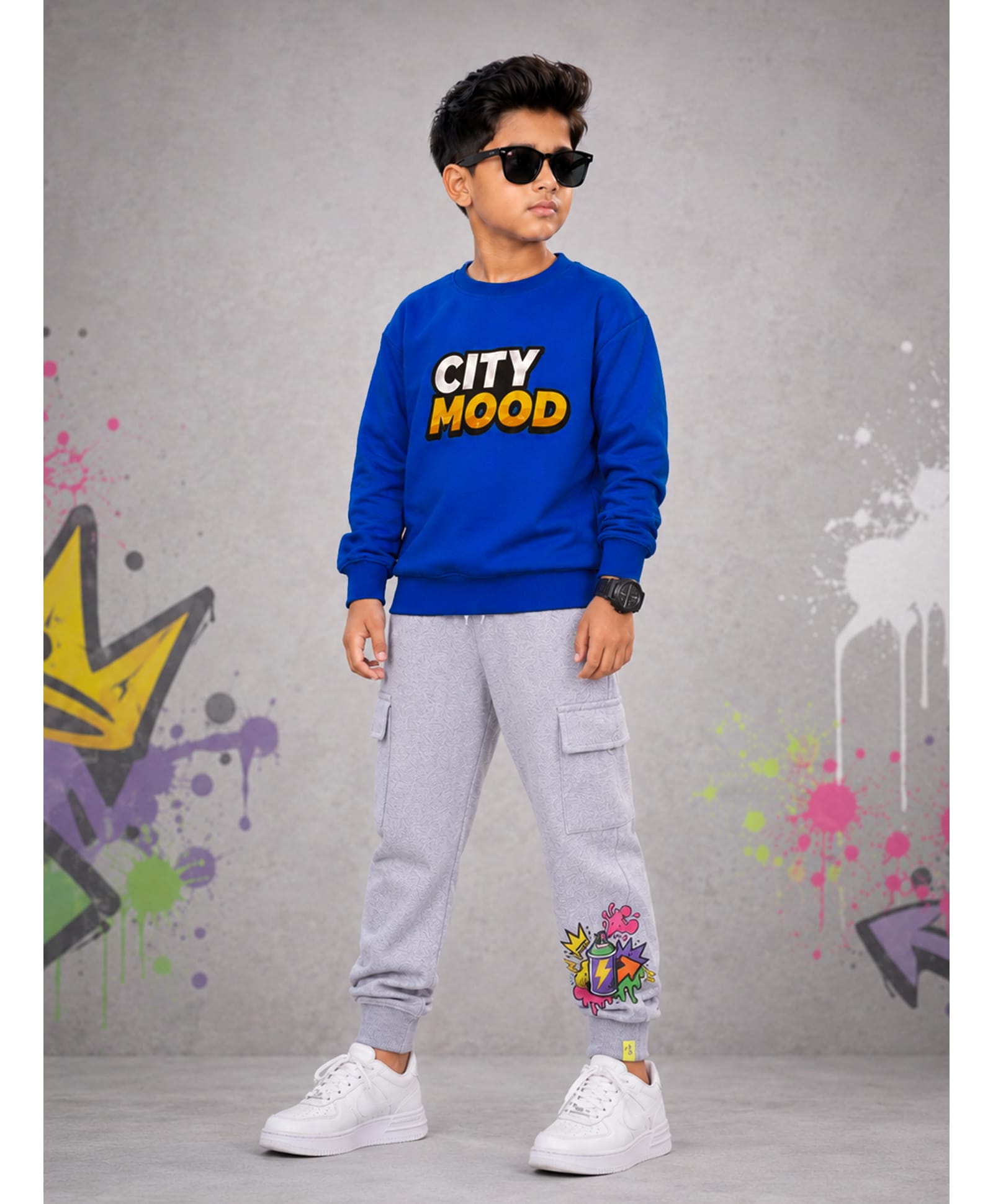 Kiddopanti Fleece Knit Full Sleeves City Mood Text Printed Winter Sweatshirt & Joggers Set - Royal Blue & Grey Melange-picture-28