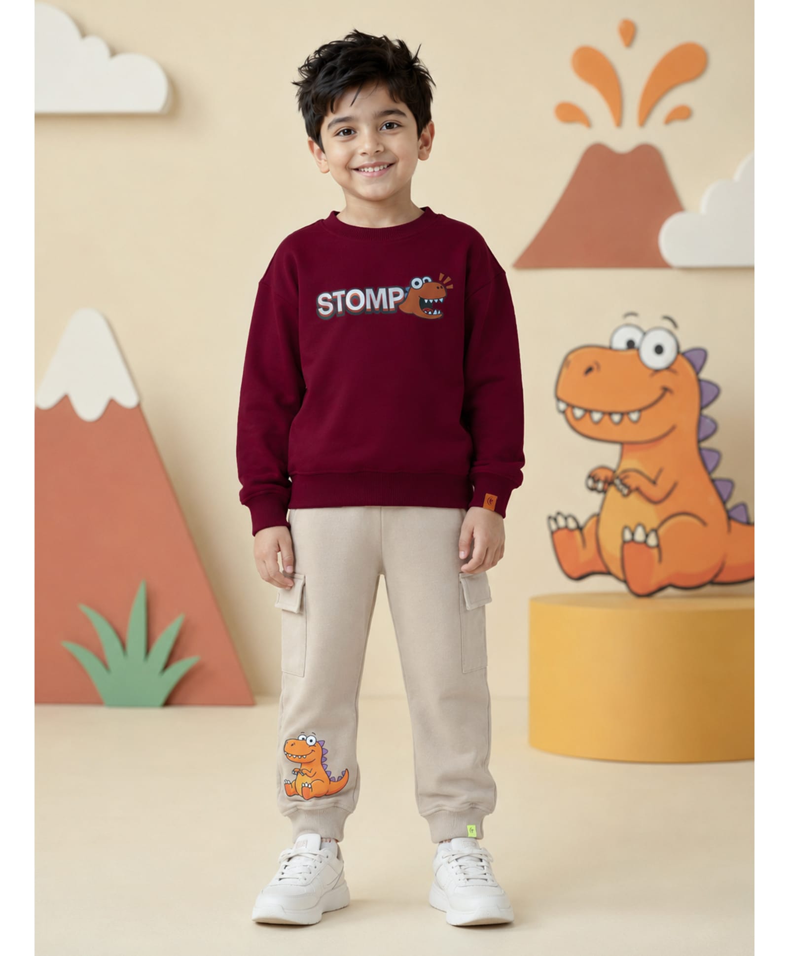 Kiddopanti Fleece Knit Full Sleeves Stomp Text Printed Winter Sweatshirt & Joggers Set - Maroon & Beige-image-36
