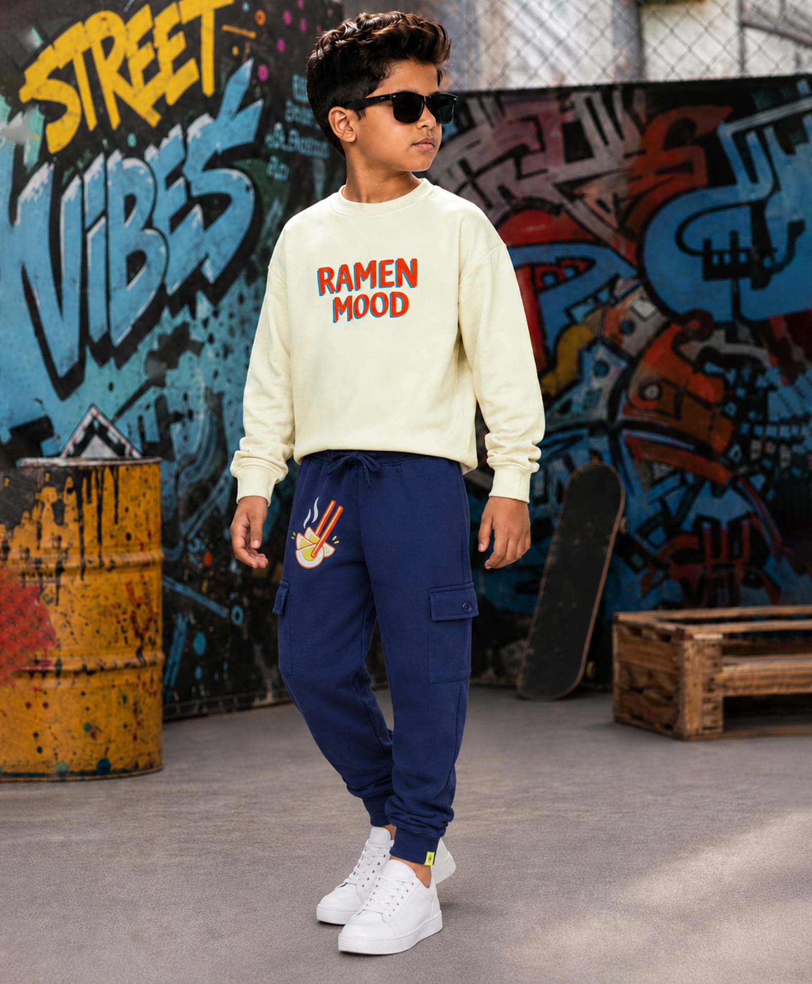 Kiddopanti Fleece Knit Full Sleeves Ramen Mood Text Printed Winter Sweatshirt & Joggers Set - Off White & Teal Blue-picture-16