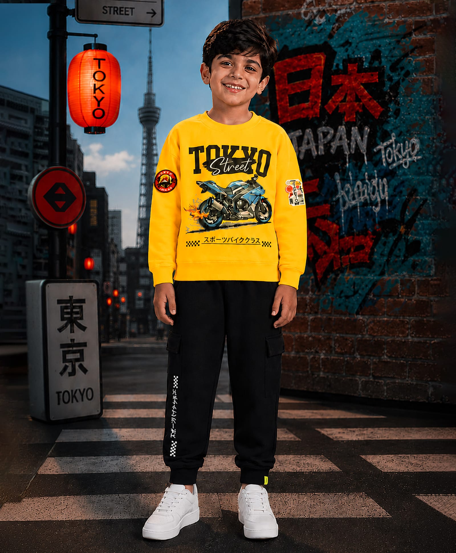 Kiddopanti Fleece Knit Full Sleeves Tokyo Street Text & Bike Printed Winter Sweatshirt & Joggers Set - Cyber Yellow & Black-picture-13