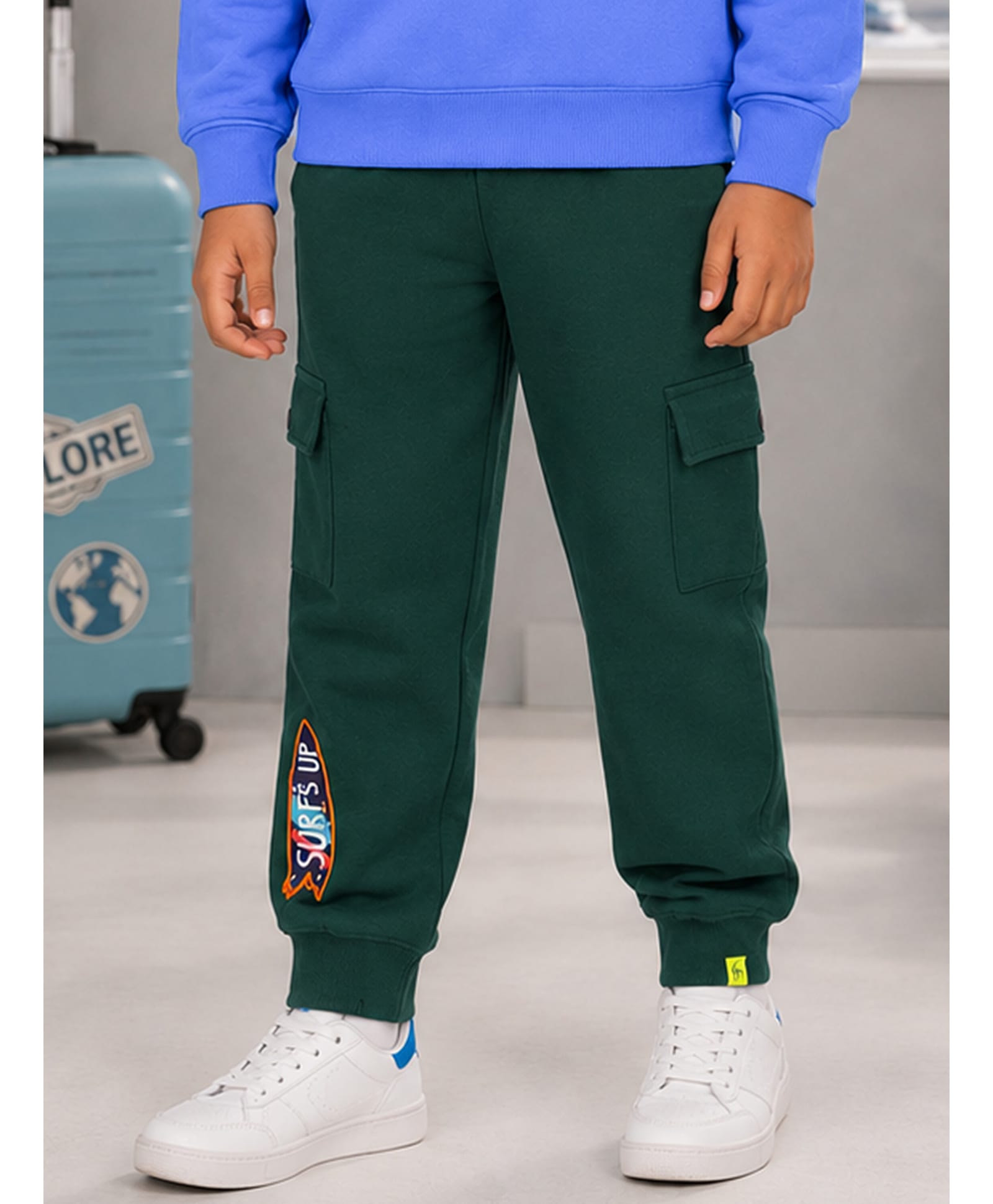 Kiddopanti Fleece Knit Surfs Up Text Patch Detailed Winter Cargo Joggers - Green-picture-14
