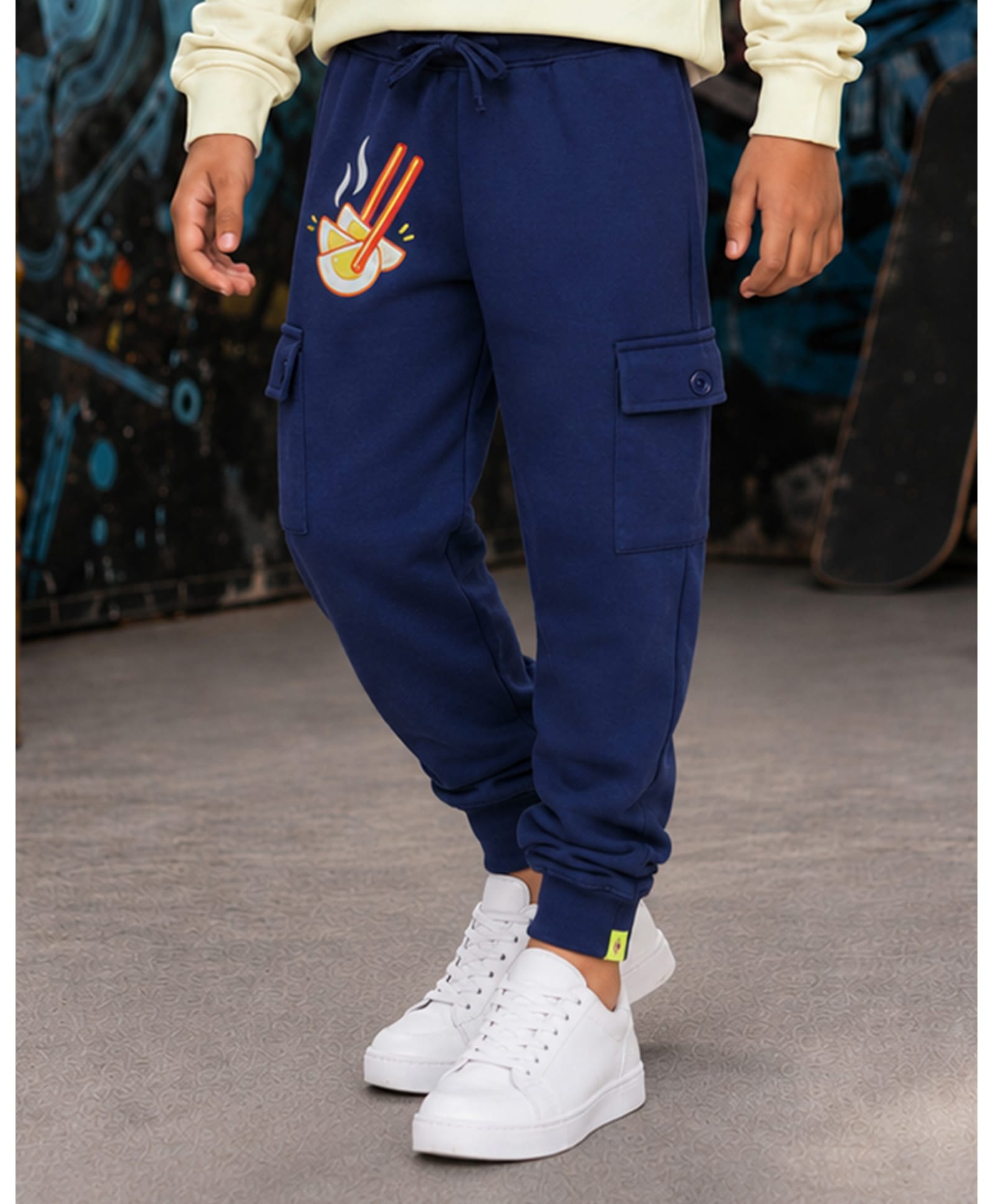 Kiddopanti Fleece Knit Chopsticks & Eggs Printed Winter Cargo Joggers - Teal Blue-picture-21