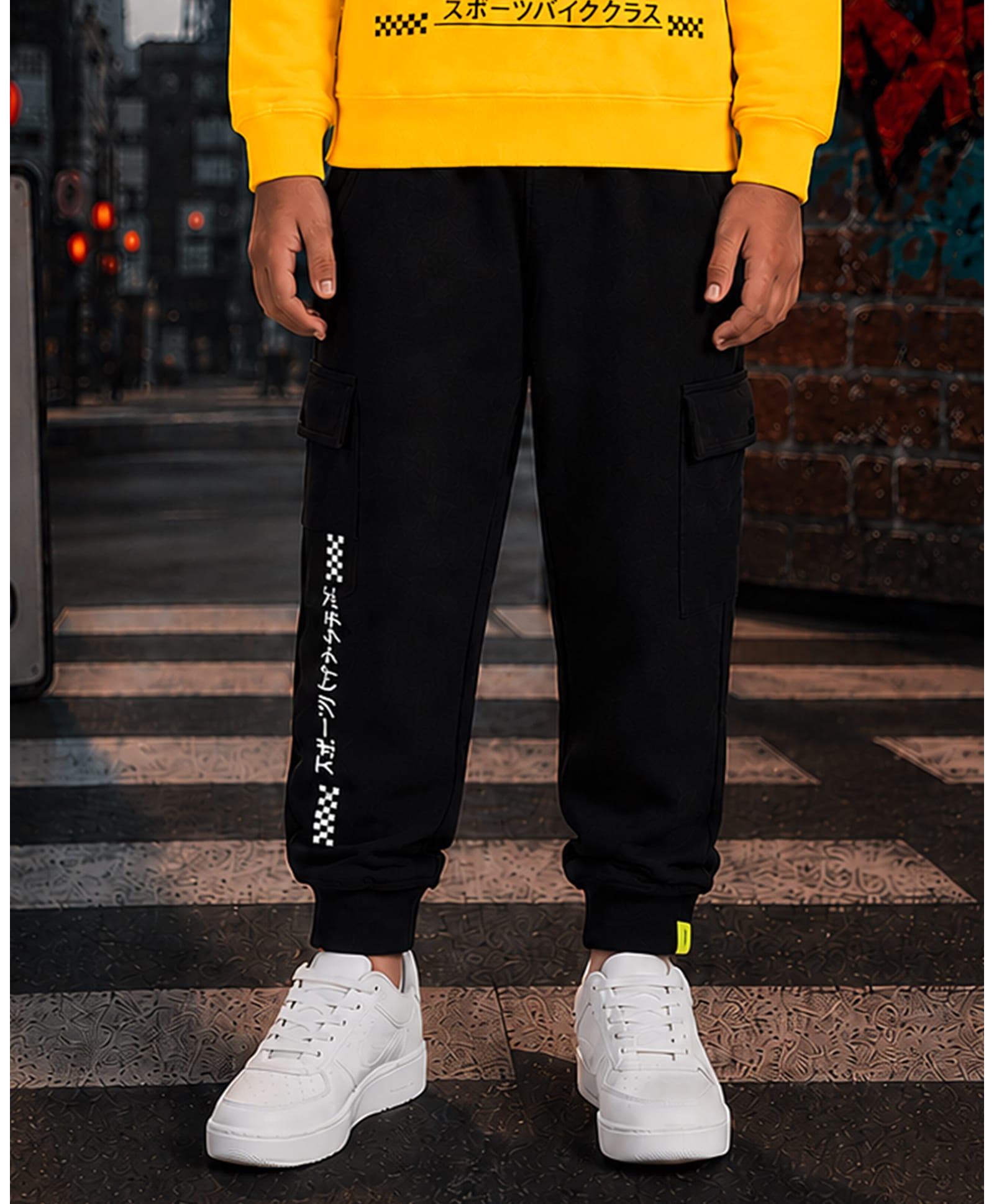 Kiddopanti Fleece Knit Japanese Typography Printed Winter Cargo Joggers - Black-picture-25