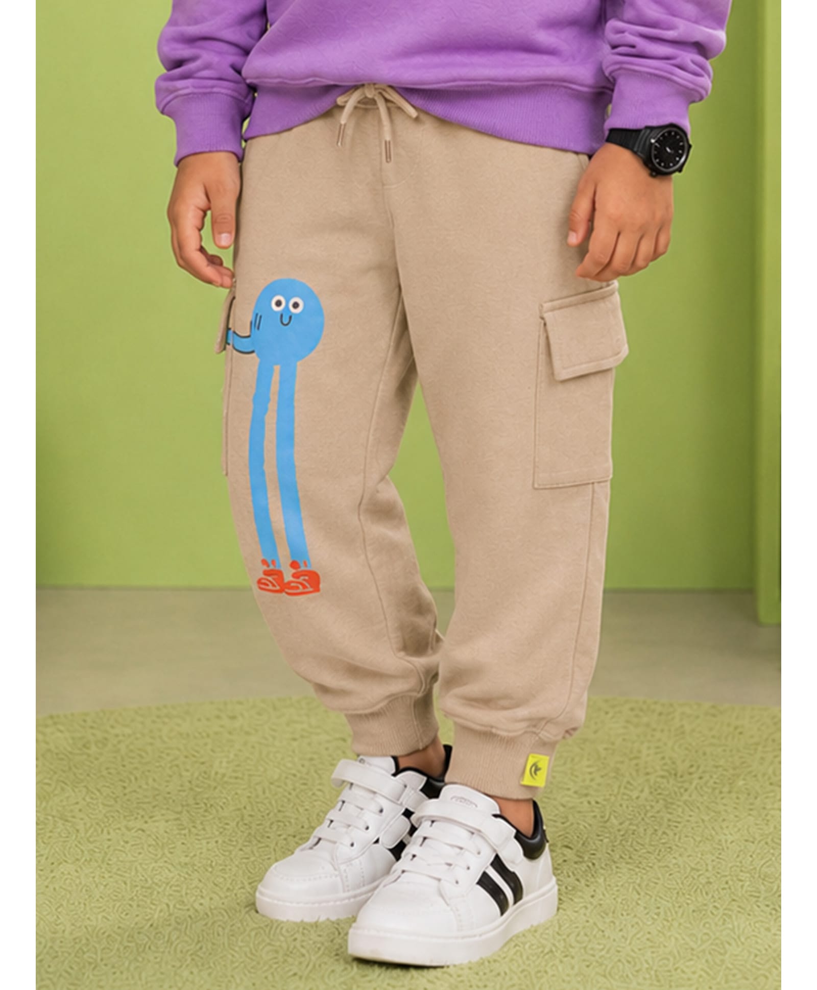 Kiddopanti Fleece Knit Cartoon Printed Winter Cargo Joggers - Beige-picture-12