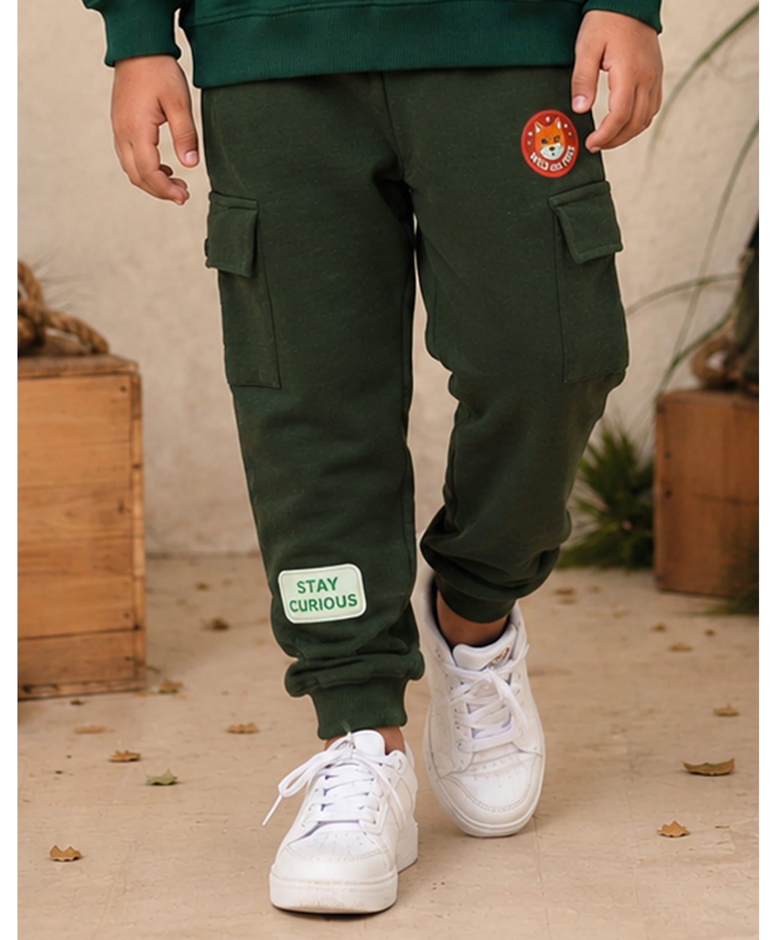 Kiddopanti Fleece Knit Stay Curious Text Patch Detailed Winter Cargo Joggers - Military Green-picture-11