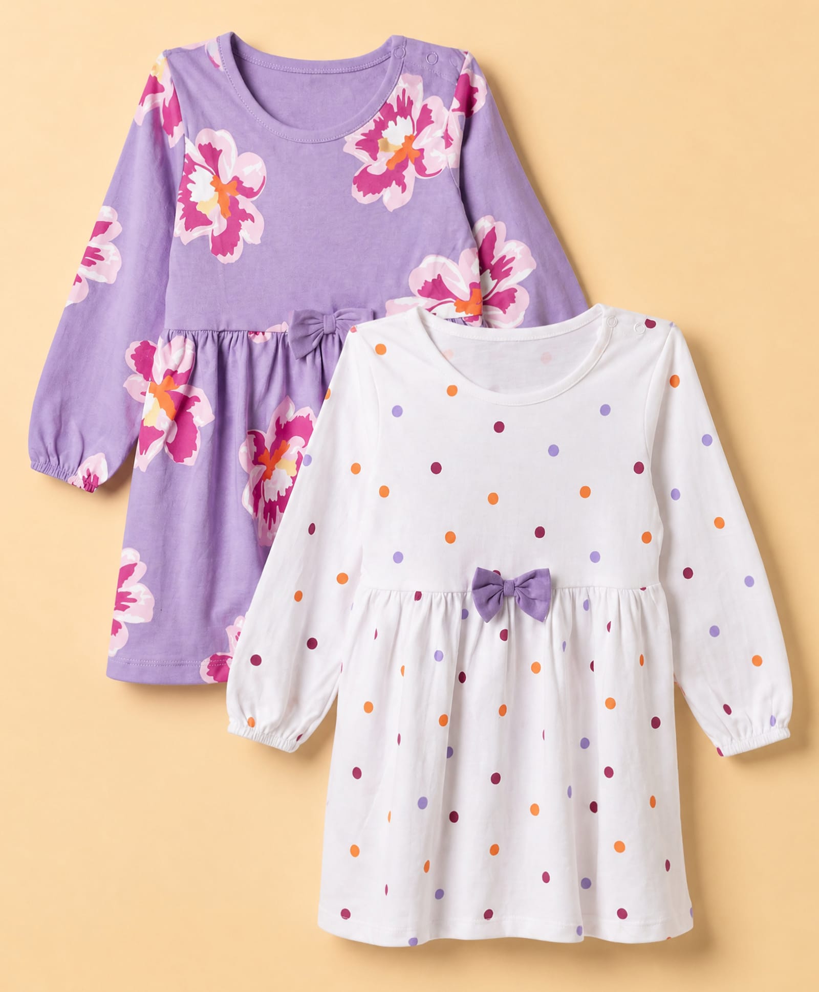 Doodle Poodle Single Jersey Knit Full Sleeves Frock With Polka Dot & Floral Print in White Purple Pack of 2-picture-18