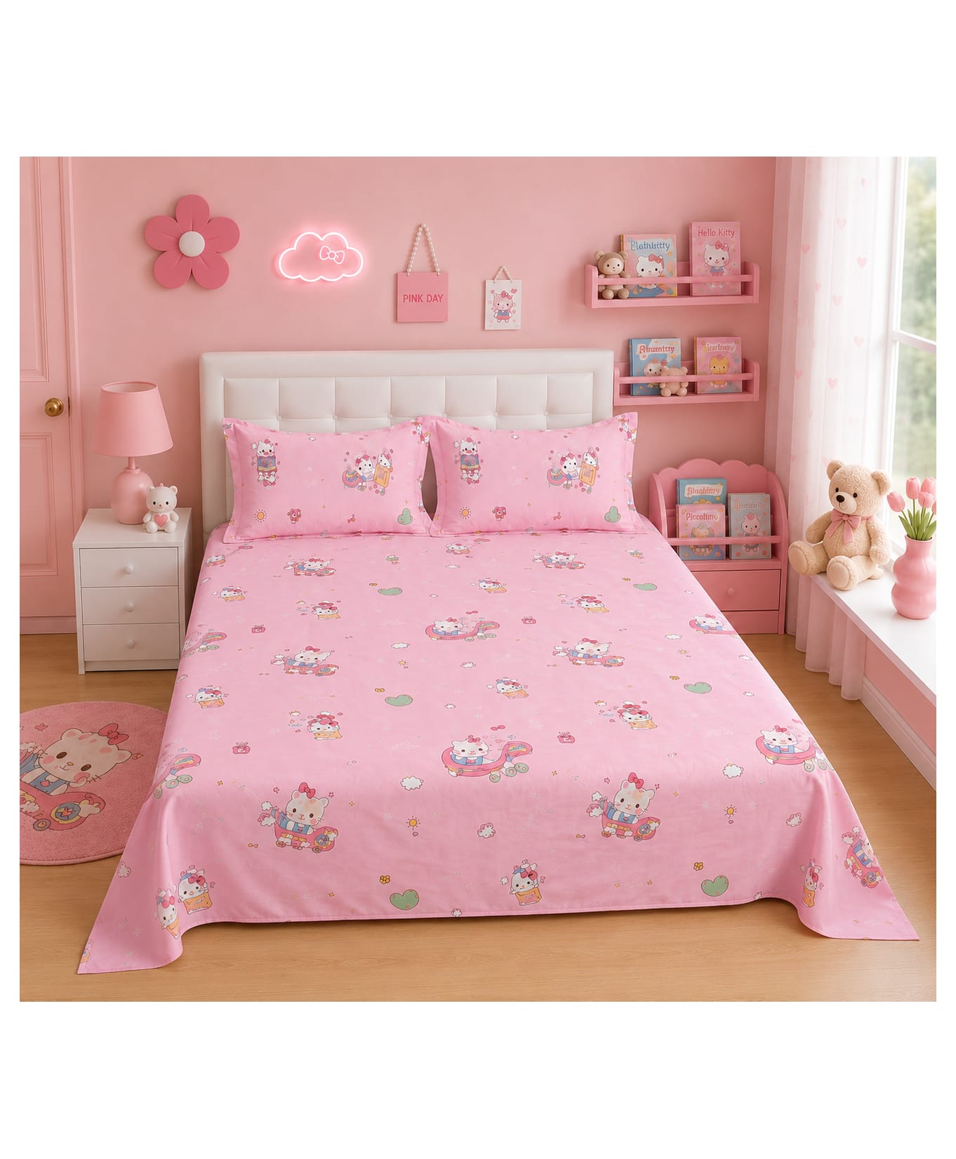 FILYMORE Kids Hello Kitty Double Bed Sheet Set with 2 Pillow Covers, 240 TC Soft Microfiber Cartoon Bedsheet, Pink & White, King/Double Bed 90 x 90 Inches, Soft & Durable