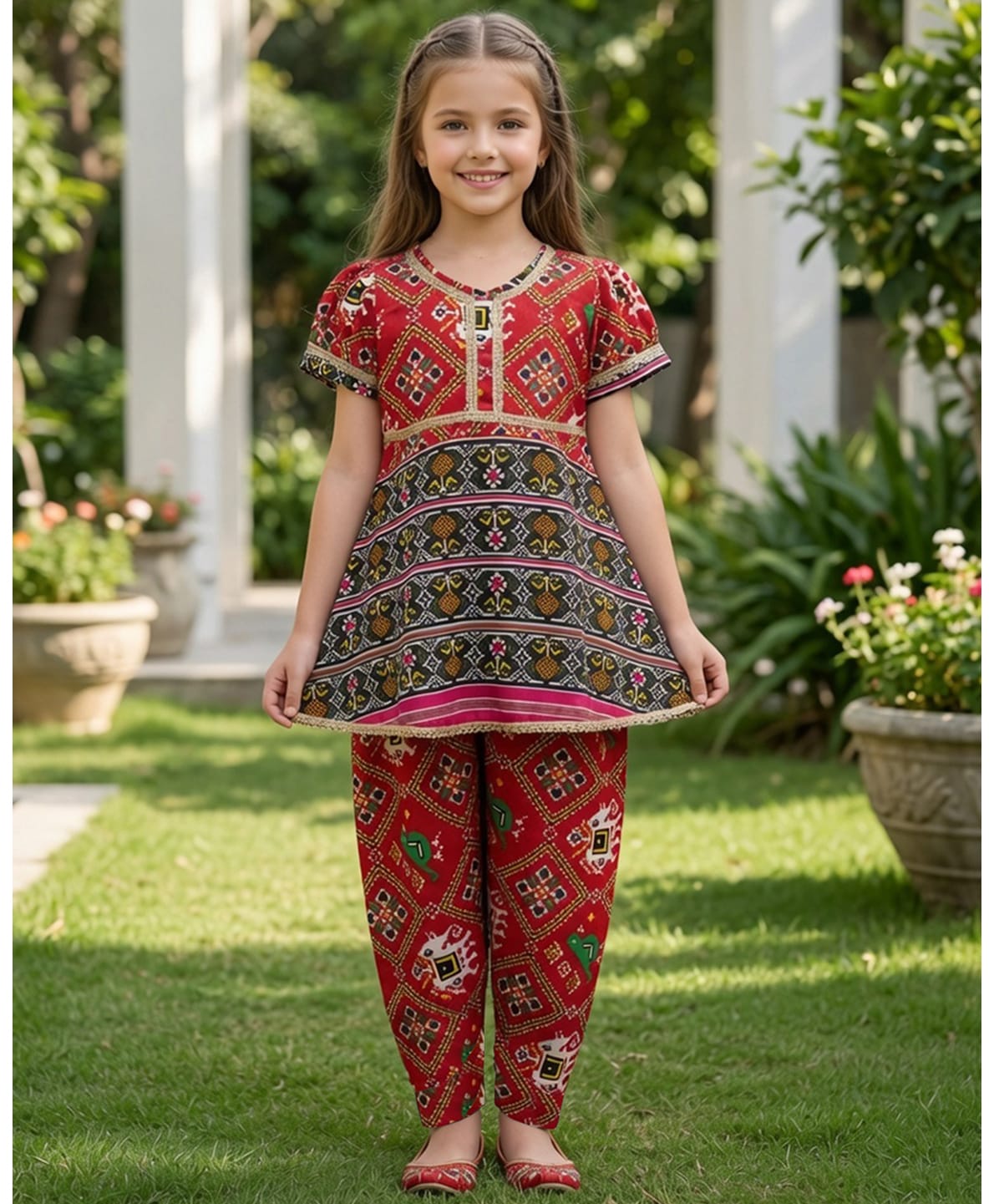 Cutiekins Viscose Rayon Woven Half Puffed Sleeves Gota Lace Embellished Ethnic Motif Printed Kurti & Dhoti Set - Red & Multi-picture-23