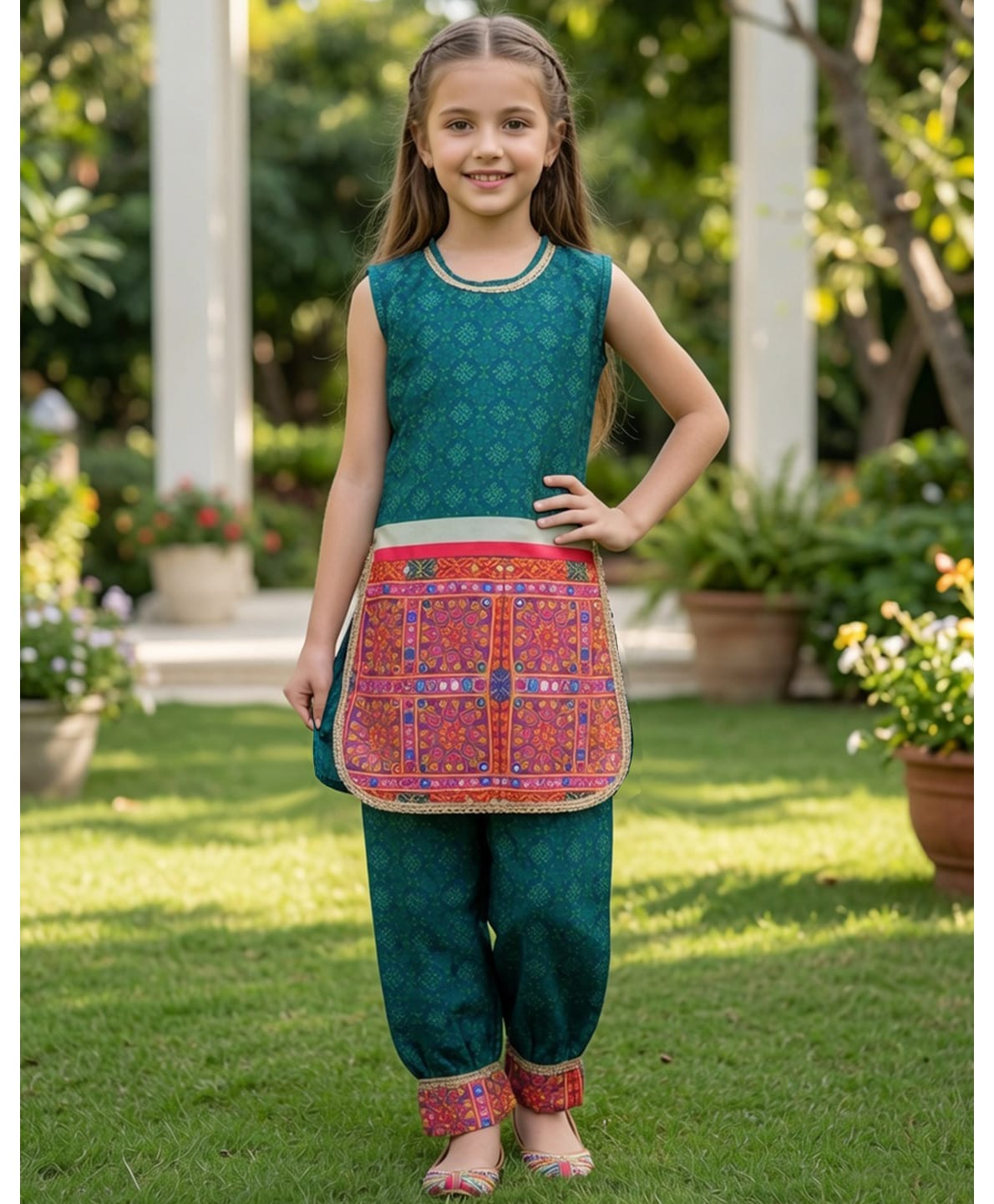 Cutiekins Viscose Rayon Woven Sleeveless Ethnic Motifs Printed Kurti Salwar Set - Green & Multi Colour-picture-26