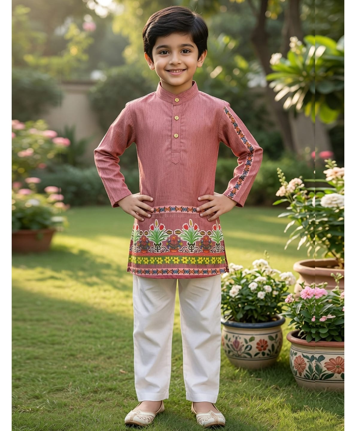 Cutiekins Viscose Rayon Woven Full Sleeves Floral Motifs Printed Kurta Pyjama Set - Rust & White-image-19
