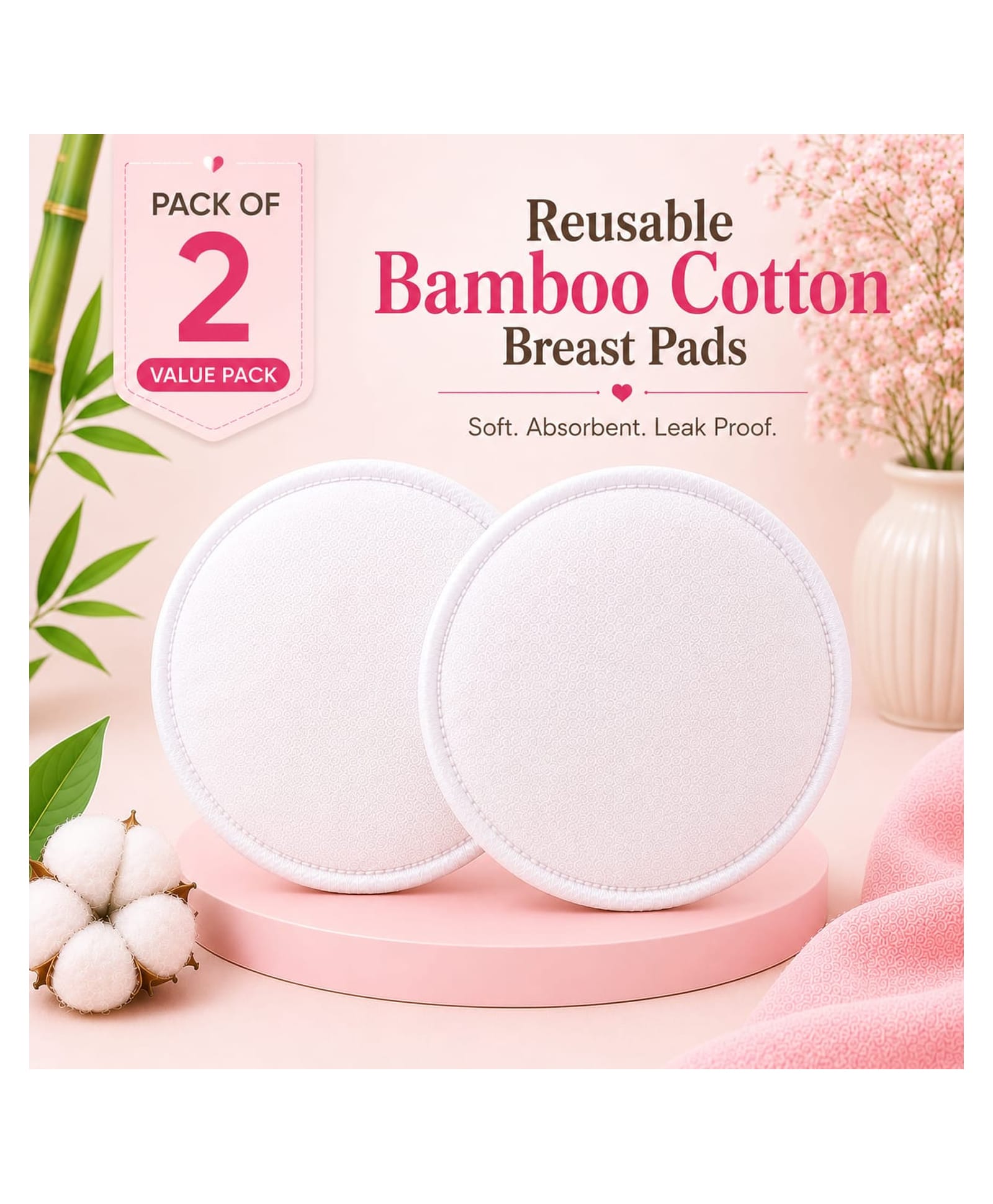 Sparkle Joy Reusable Nursing Pads 4-Layer Organic Bamboo Cotton, Ultra-Soft, Absorbent and Leak-Proof, Contoured Comfort Fit, Pack of 2 White-image-31