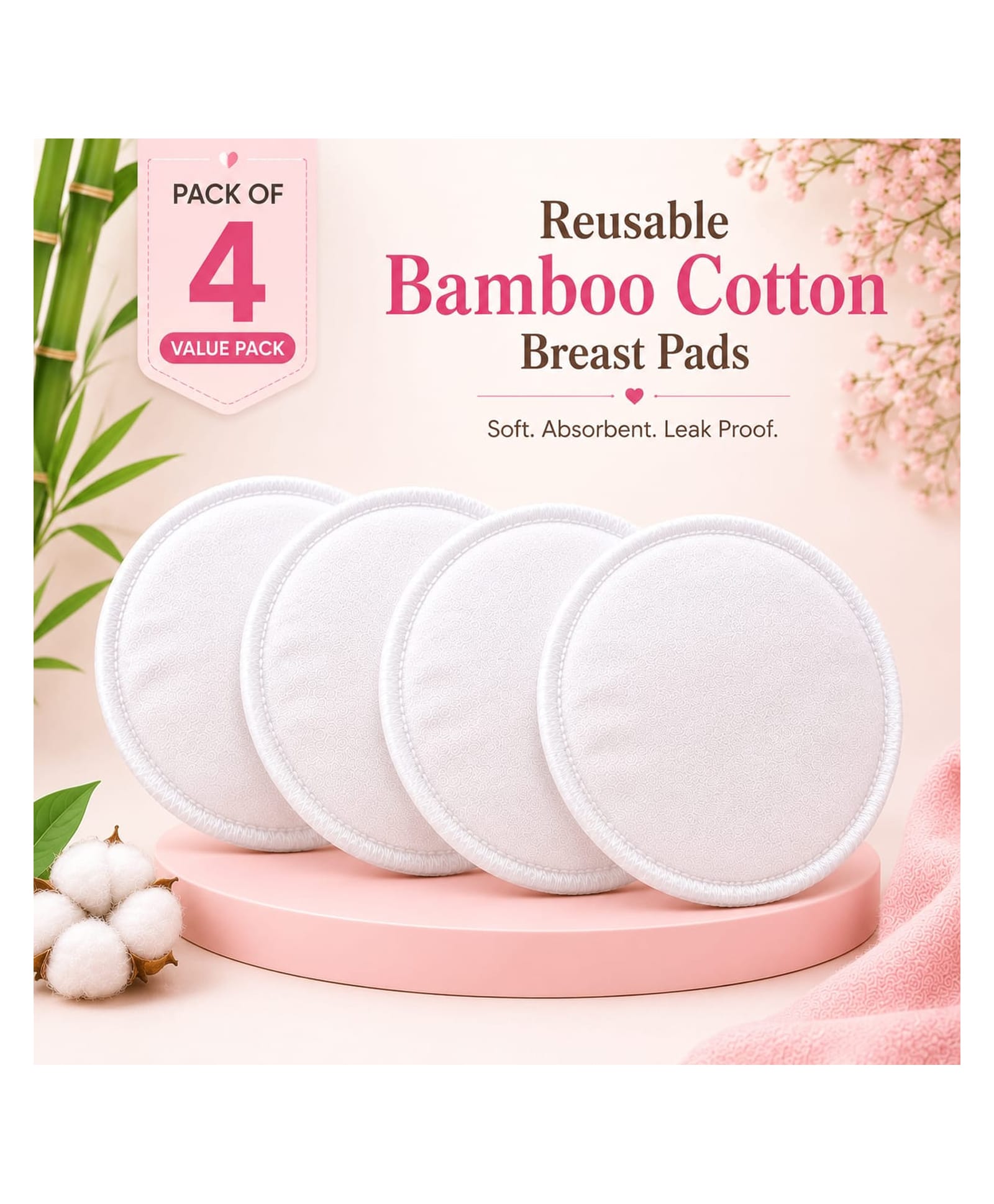 Sparkle Joy Reusable Nursing Pads 4-Layer Organic Bamboo Cotton, Ultra-Soft, Absorbent and Leak-Proof, Contoured Comfort Fit, Pack of 4 White-image-32