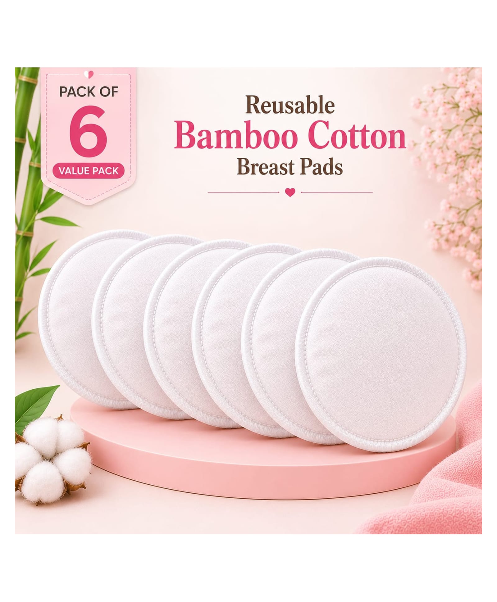 Sparkle Joy Reusable Nursing Pads 4-Layer Organic Bamboo Cotton, Ultra-Soft, Absorbent and Leak-Proof, Contoured Comfort Fit, Pack of 6 White-image-33