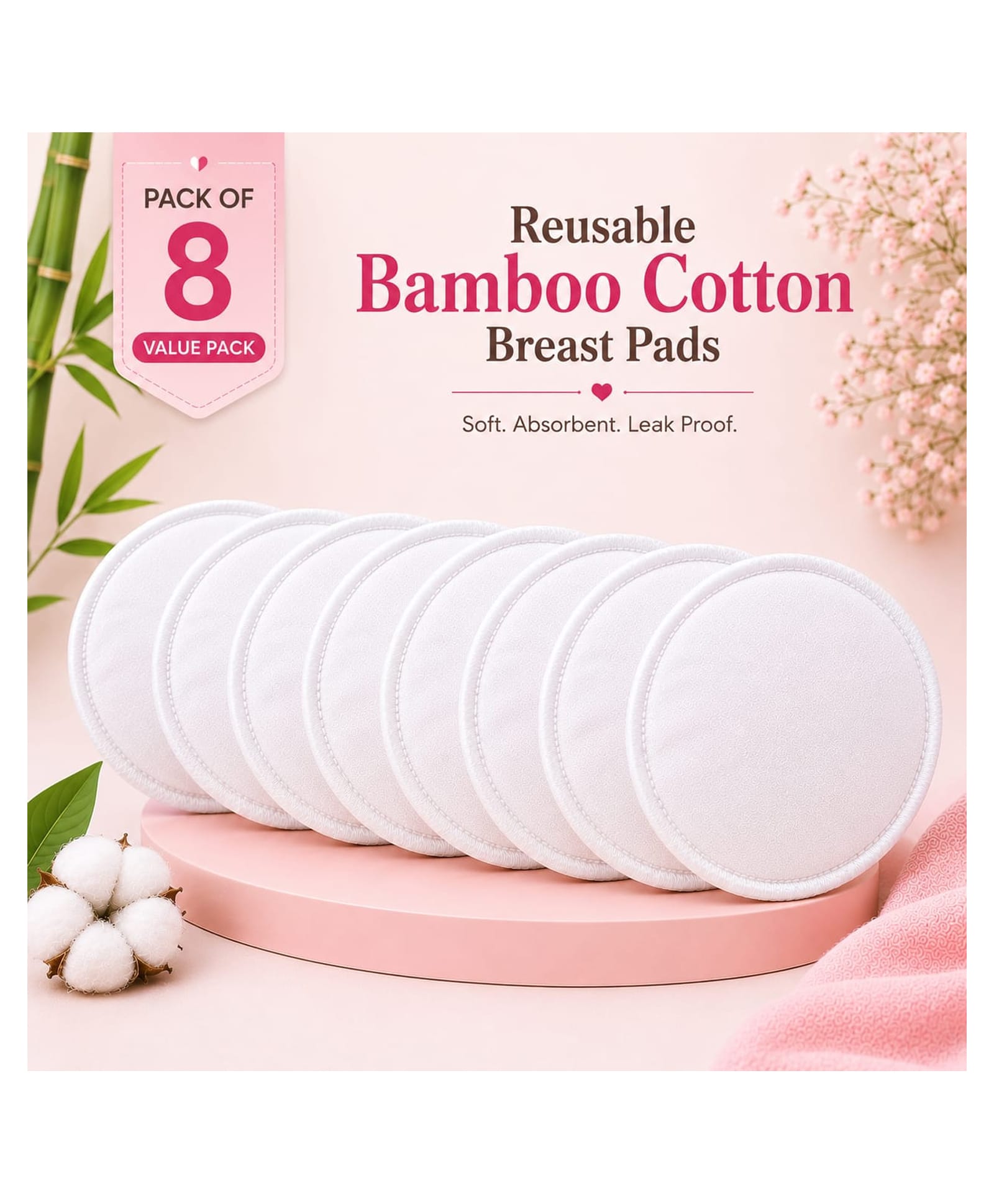 Sparkle Joy Reusable Nursing Pads 4-Layer Organic Bamboo Cotton, Ultra-Soft, Absorbent and Leak-Proof, Contoured Comfort Fit, Pack of 8 White-image-34