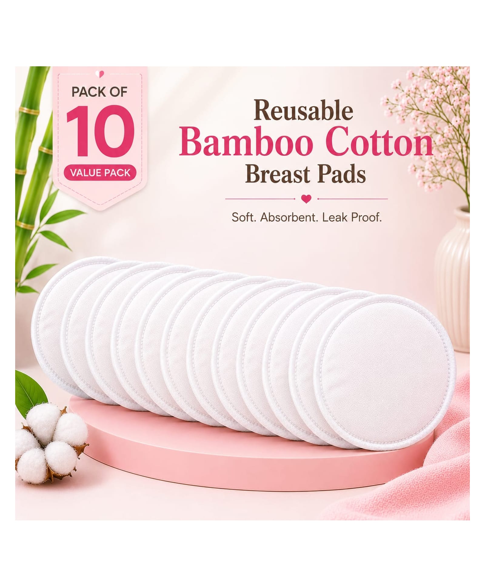 Sparkle Joy Reusable Nursing Pads 4-Layer Organic Bamboo Cotton, Ultra-Soft, Absorbent and Leak-Proof, Contoured Comfort Fit, Pack of 10 White-image-35