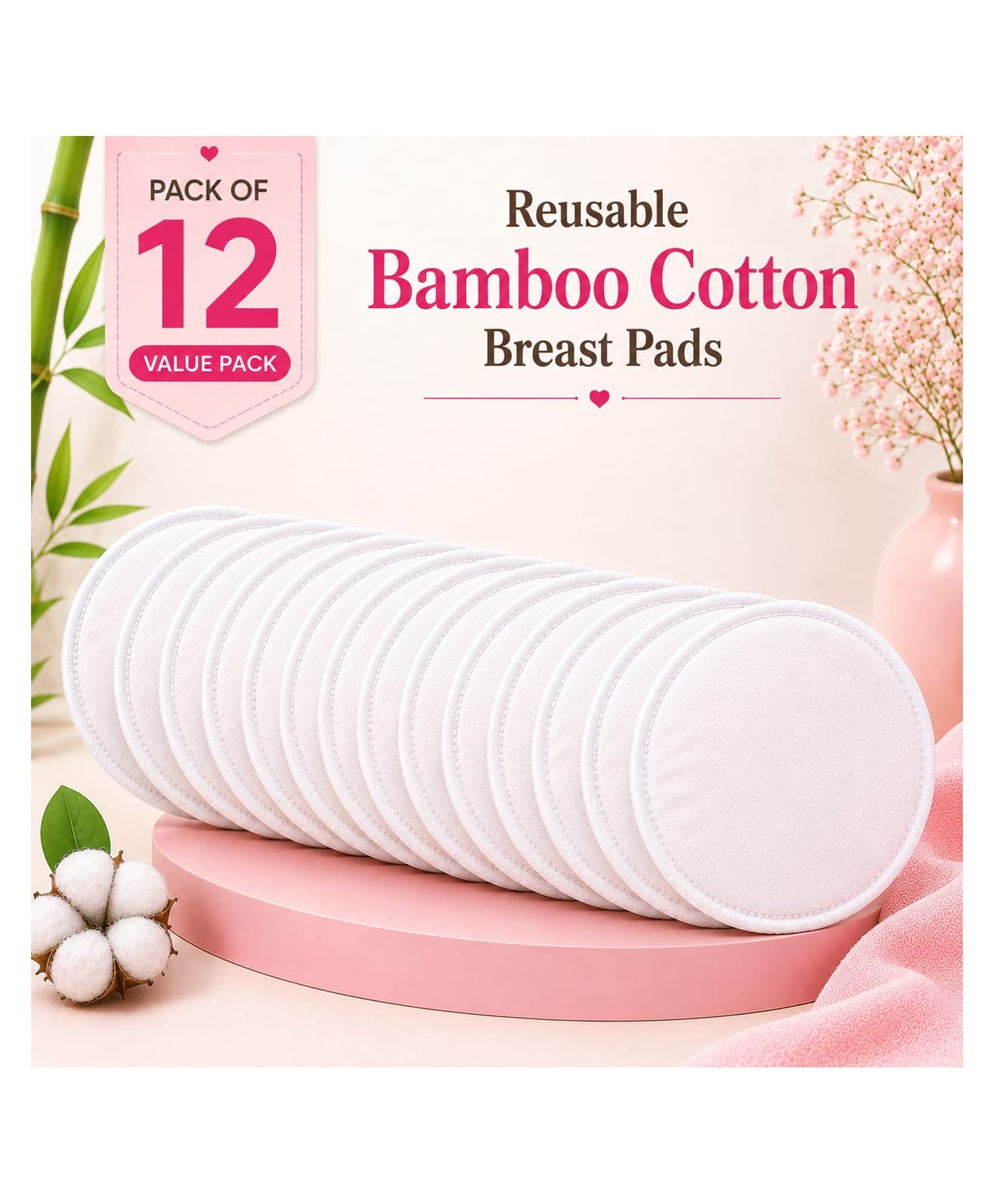 Sparkle Joy Reusable Nursing Pads 4-Layer Organic Bamboo Cotton, Ultra-Soft, Absorbent and Leak-Proof, Contoured Comfort Fit, Pack of 12 White-image-36