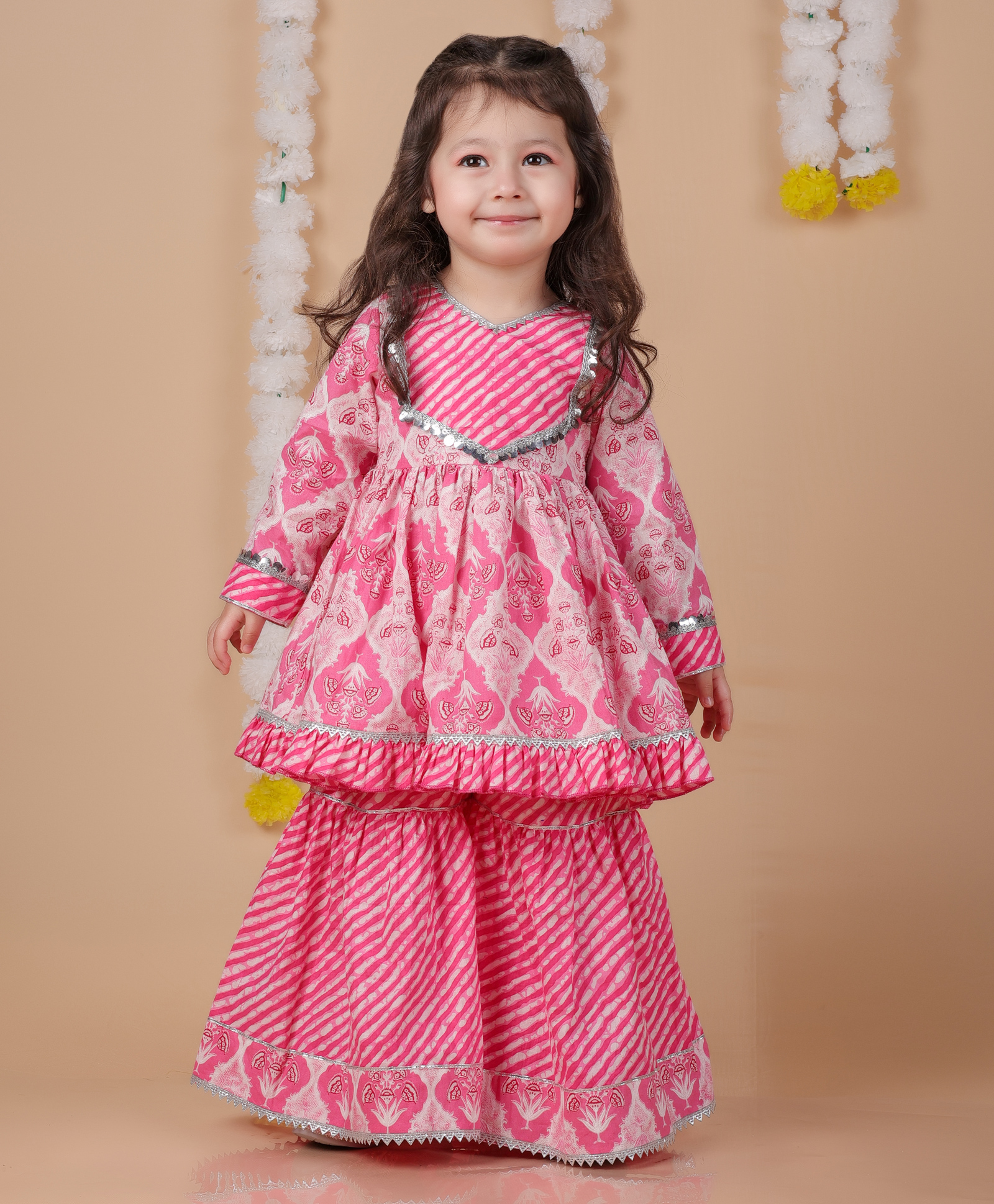 Titrit Cotton Woven Full Sleeves Lace Embellished Floral Printed Kurti & Sharara Set - Pink-picture-34