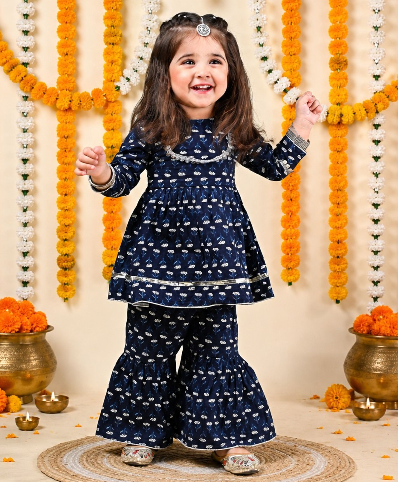 Titrit Cotton Woven Full Sleeves Lace Embellished Floral Printed Kurti & Sharara Set - Blue-picture-2