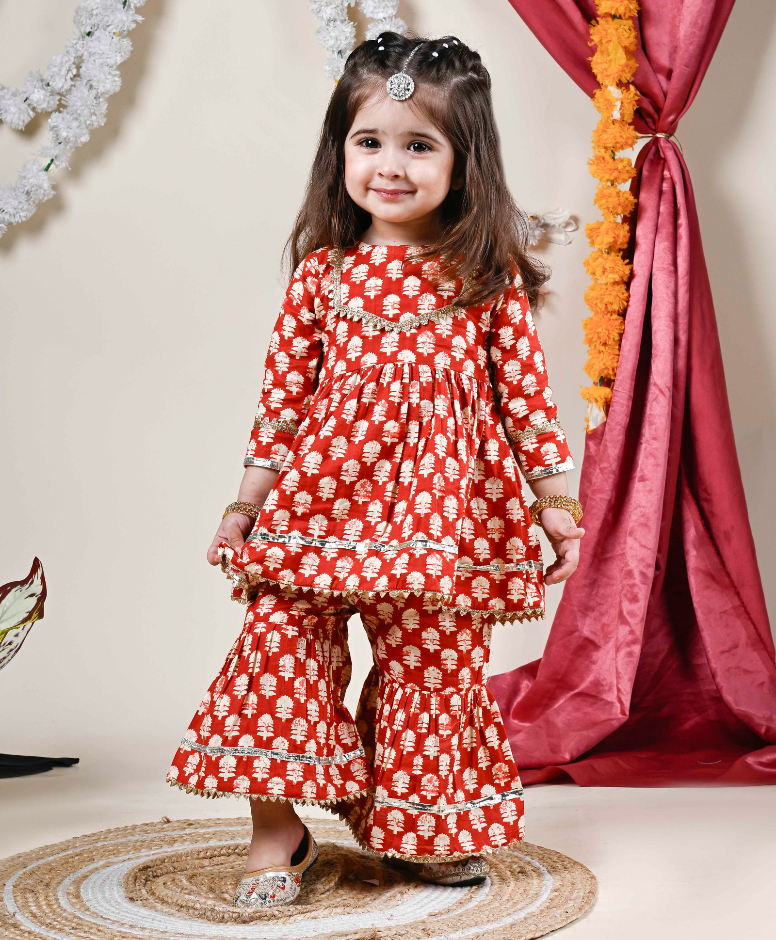 Titrit Cotton Woven Full Sleeves Lace Embellished Floral Printed Kurti & Sharara Set - Red-picture-7