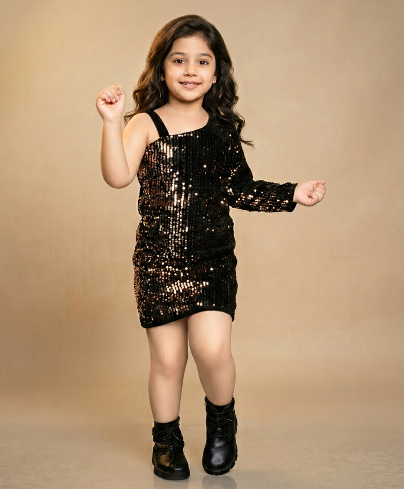 Titrit Velvet Woven Full Sleeves Sequins Embellished Dress - Black-picture-0