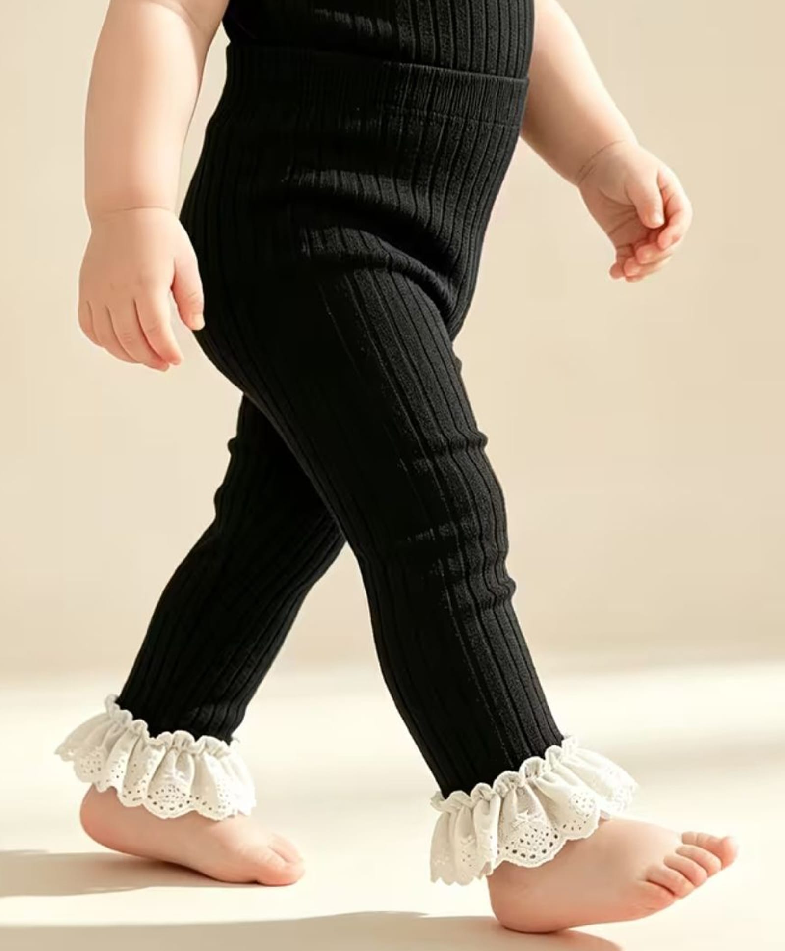 Ziory Cotton Knit Frill Detailed Tights - Black-image-1