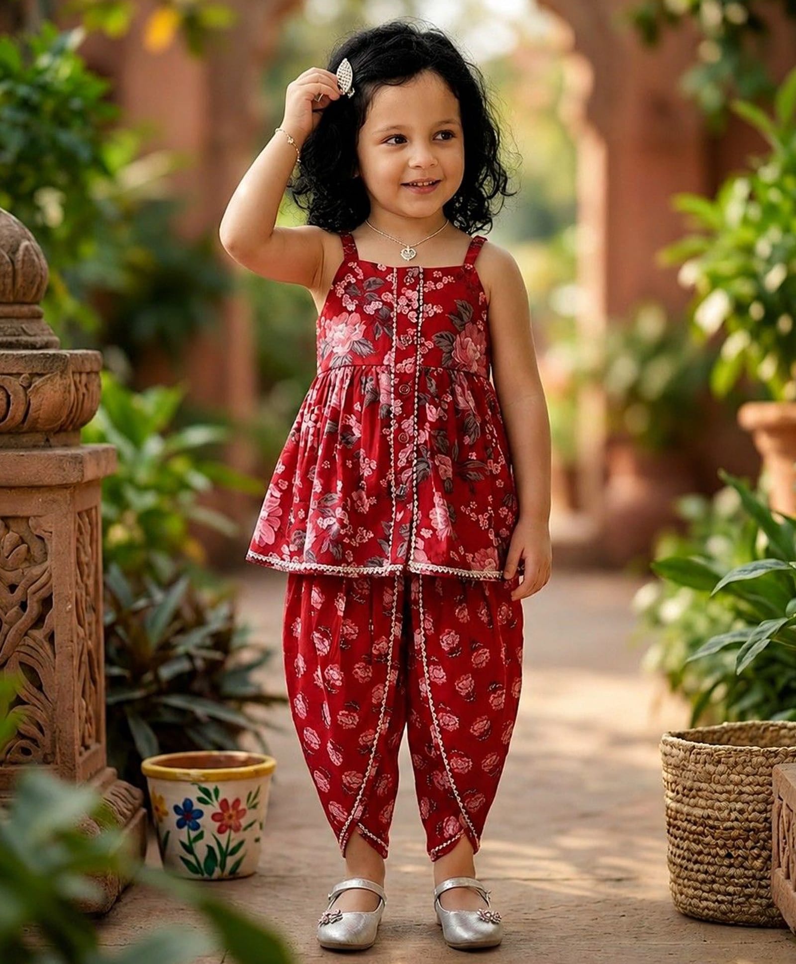 Saka Designs By Sapna Cotton Woven Sleeveless Floral Printed Kurti & Dhoti Set - Red-picture-20
