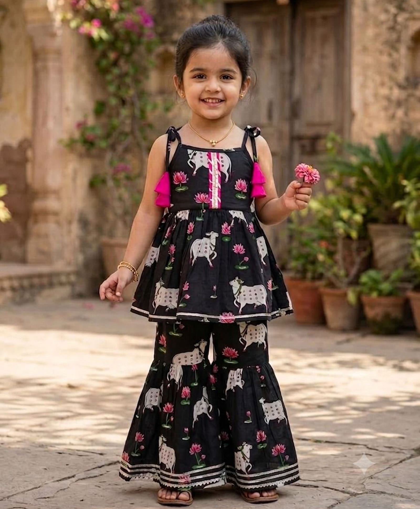 Saka Designs By Sapna Pure Cotton Woven Sleeveless Gota Lace Embellished Cow & Lotus Motifs Printed Kurti & Sharara Set - Black-picture-12