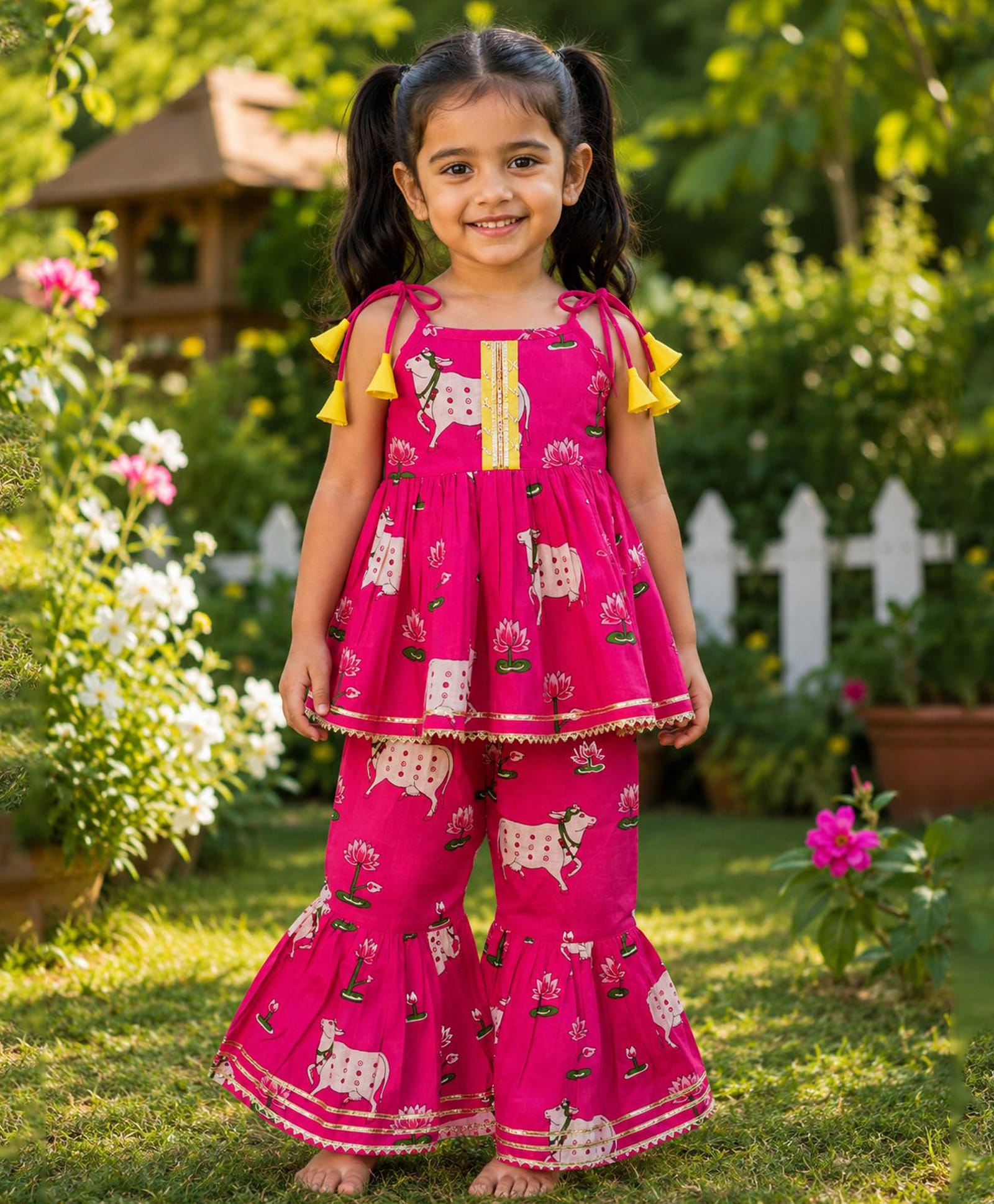 Saka Designs By Sapna Pure Cotton Woven Sleeveless Gota Lace Embellished Cow & Lotus Motifs Printed Kurti & Sharara Set - Magenta-picture-13